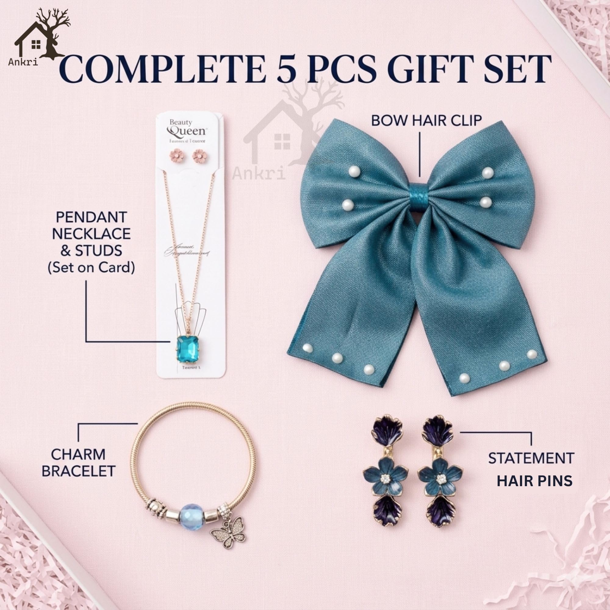 5 Pcs Trendy Hair Accessories & Jewelry Gift Set for Girls & Women, Hair Bow, Jewellery Set, Pendant Necklace with Earrings, Flower Hair Pins, Charm Bracelet, White Gift Box Included, Random Designs as per Latest Trend