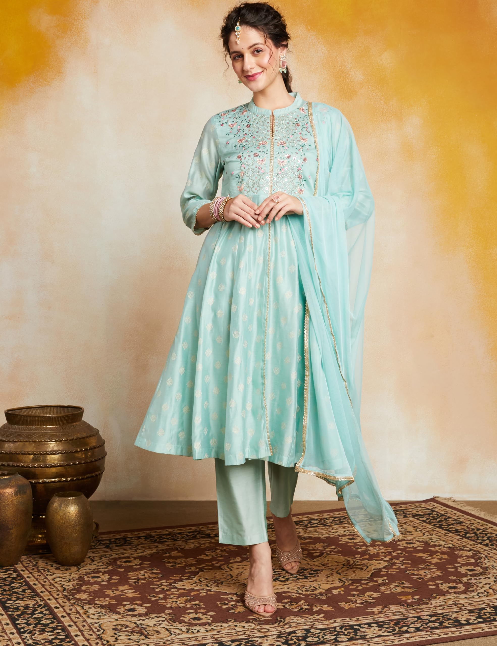 Amazon Brand - Myx Women's Embroidered Anarkali Kurta Set with Mesh Dupatta | Chanderi Blend (AW25-MYX-GEE-KS-23_Sea Green_M)