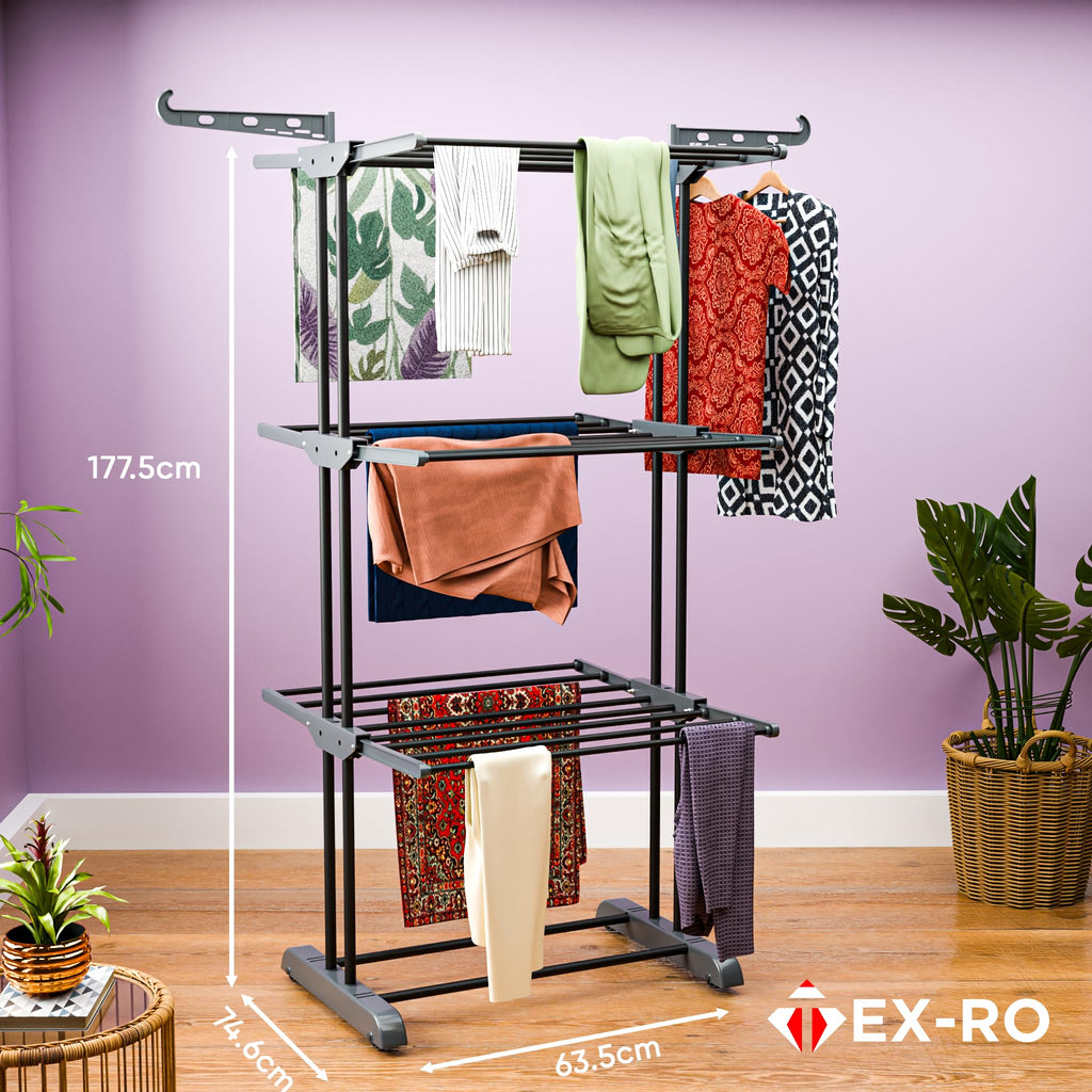 TEX-RO Metal Clothes Drying Stand Foldable with Wheels – 3-Tier Cloth Dryer Stand for Balcony, Bedroom & Indoor Outdoor | Heavy Duty Hanger Stand for Clothes Hanging, Dress Drying Rack - Grey