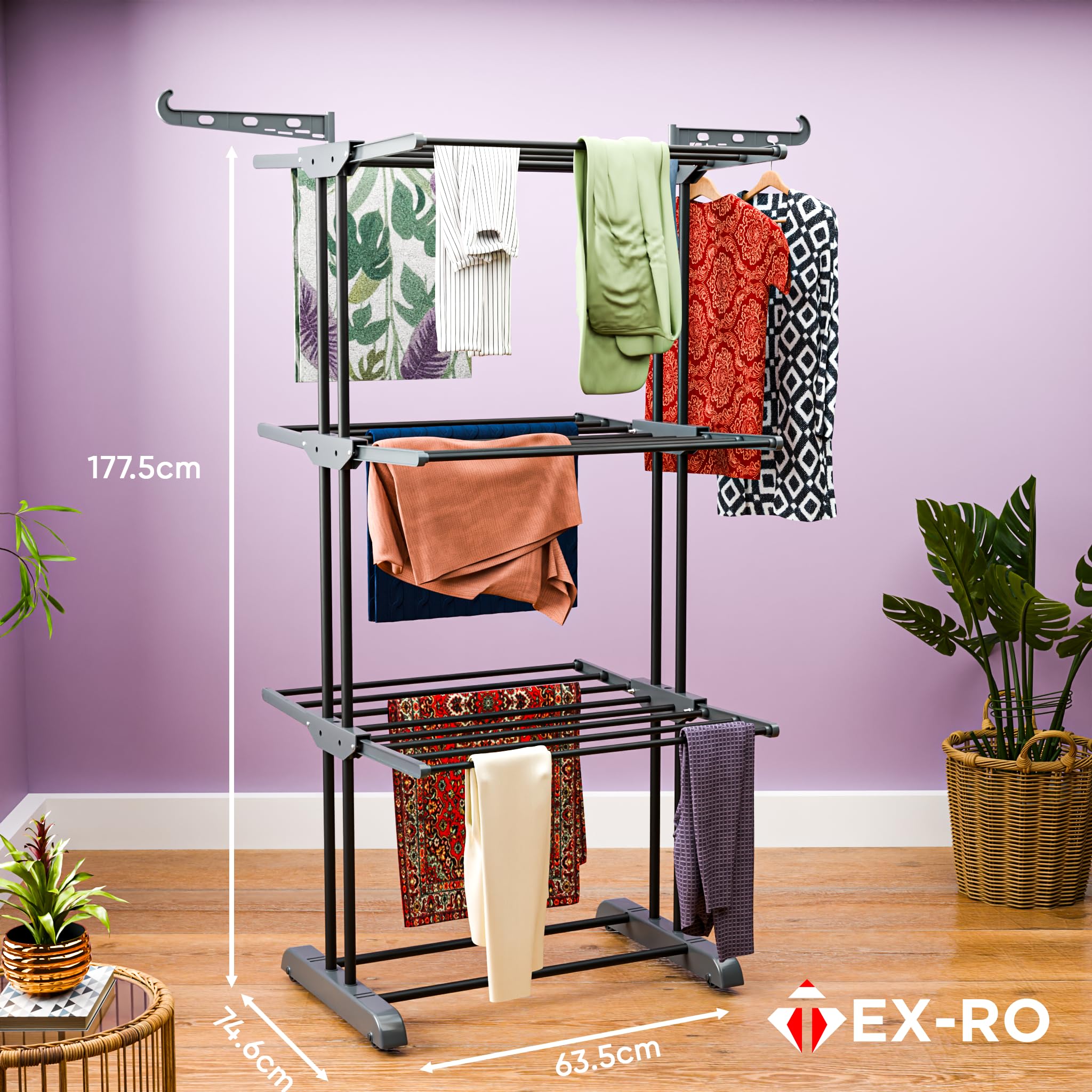 TEX-RO Metal Clothes Drying Stand Foldable with Wheels – 3-Tier Cloth Dryer Stand for Balcony, Bedroom & Indoor Outdoor | Heavy Duty Hanger Stand for Clothes Hanging, Dress Drying Rack - Grey