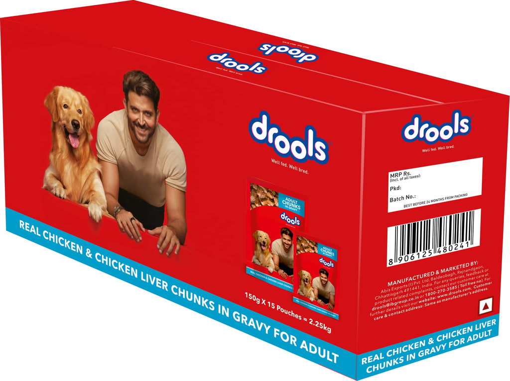 Drools Adult Wet Dog Food 2.25kg (150g x 15) Pack of 15 | Real Chicken and Chicken Liver Chunks in Gravy | Better Digestibility & Health | Healthy Skin & Coat | Maintains Joint Health