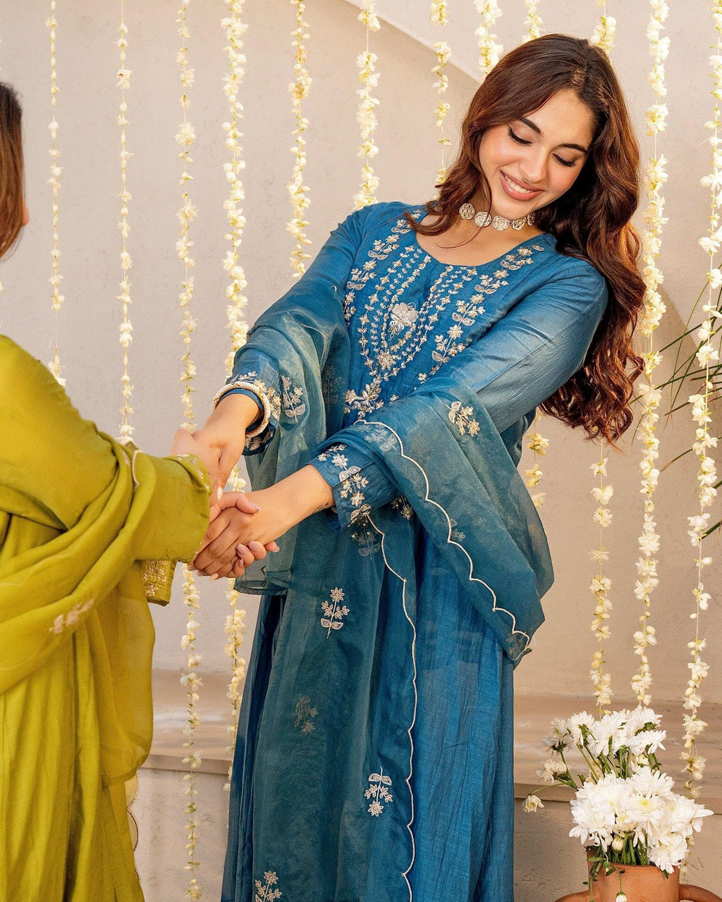 Nermosa Women Embroidery Solid A-Line Kurta and Pant Set with Dupatta (IN, Alpha, L, Morepeach)