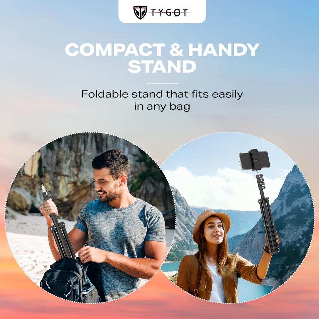 Tygot Lightweight & Portable Portable 7 Feet (84 Inch) Long Tripod Stand with Adjustable Mobile Clip Holder for All Mobiles & Cameras (Black)