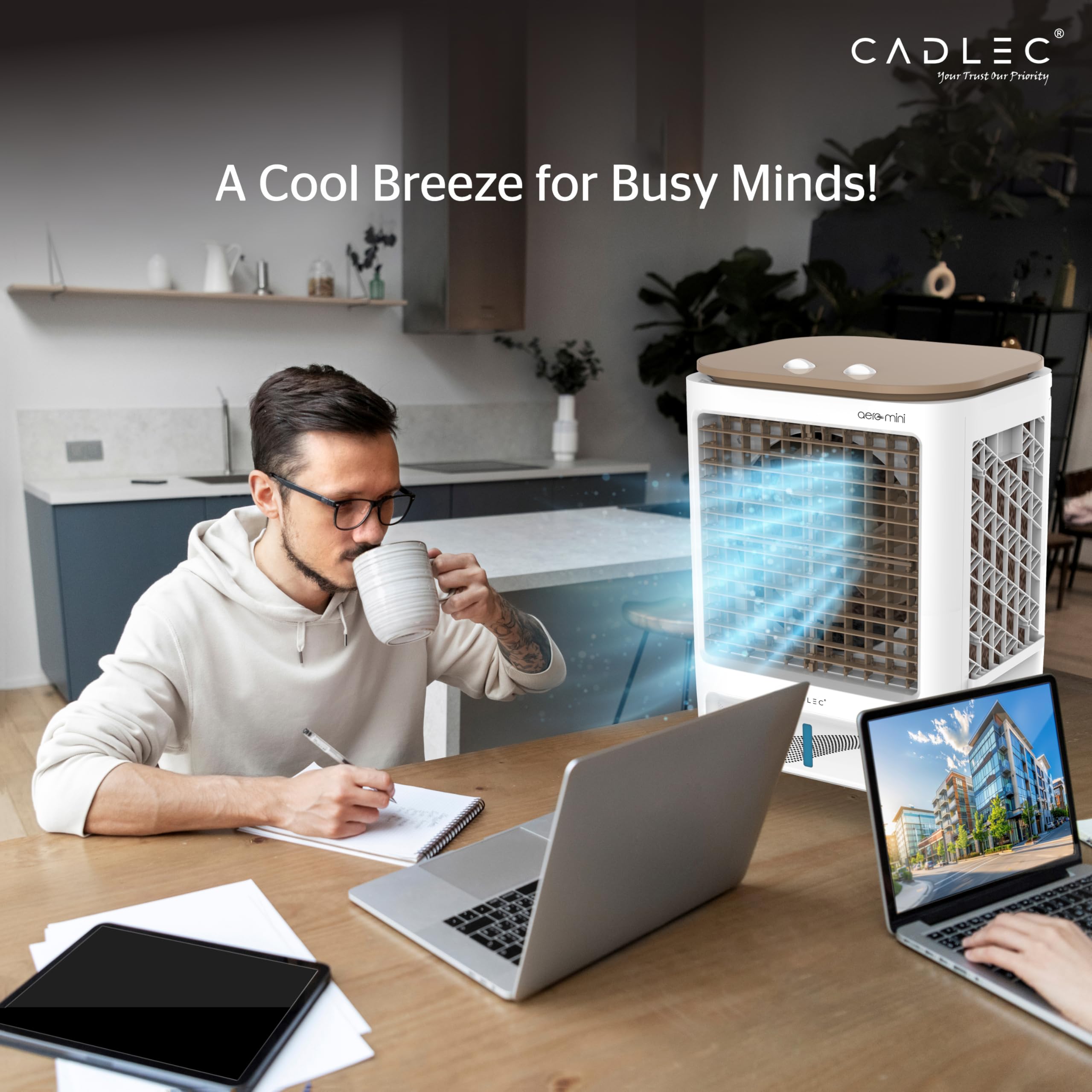 Cadlec AeroMini 20L Personal Air Cooler For Home, High Speed Fan with Powerful Air Throw, Inverter Compatible, Anti-Bacteria Honeycomb Pad, 3 Year Warranty | White