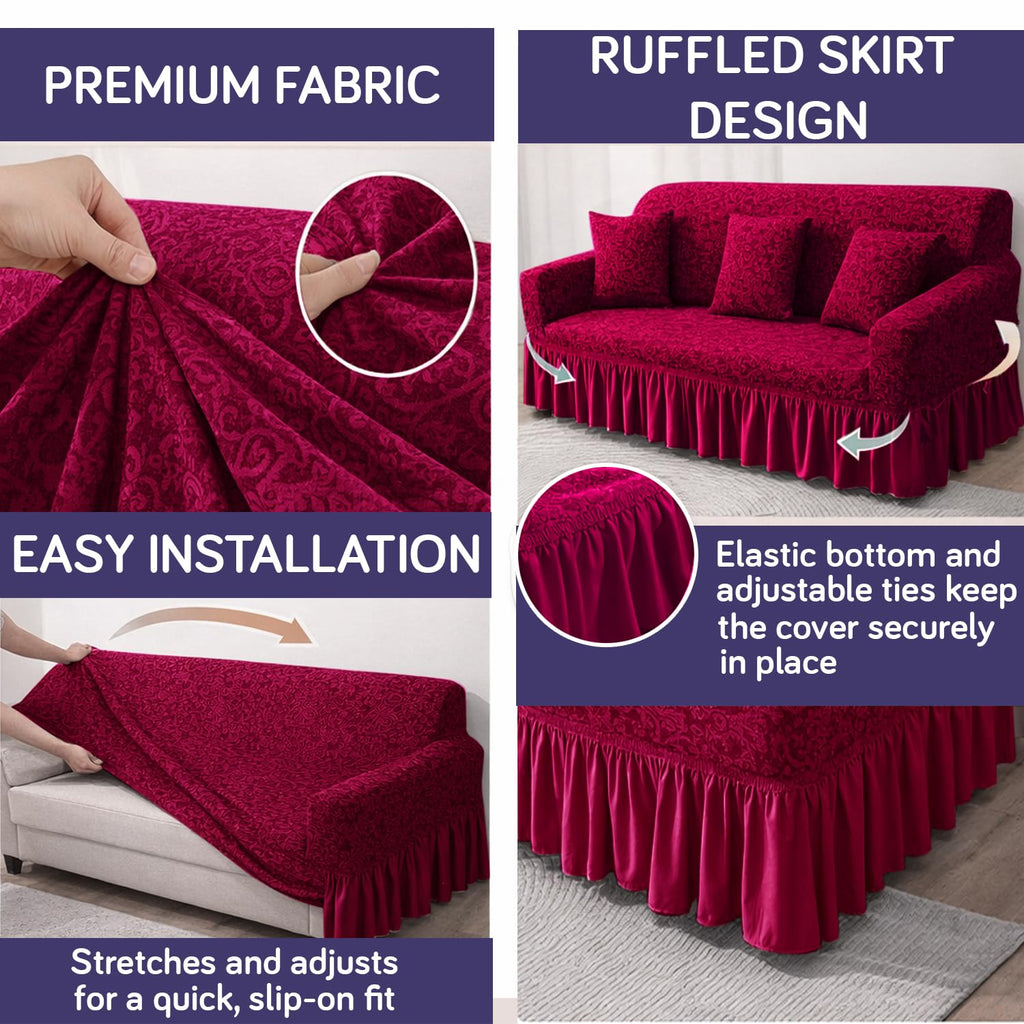 HOKIPO 3 Seater Sofa Cover Stretchable Jacquard Fabric | Elastic Bottom Slipcover with Frill Skirt | Thick 240 GSM Couch Cover | Washable Living Room Sofa Protector, Wine Red (AR-4648-J1)
