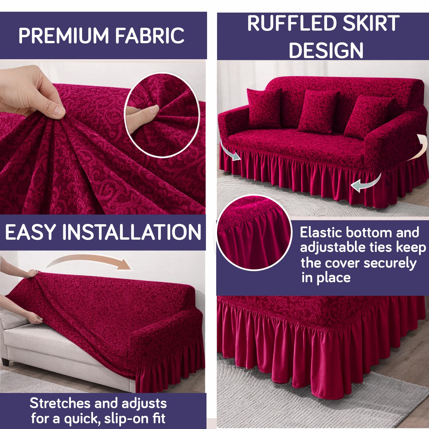 HOKIPO 3 Seater Sofa Cover Stretchable Jacquard Fabric | Elastic Bottom Slipcover with Frill Skirt | Thick 240 GSM Couch Cover | Washable Living Room Sofa Protector, Wine Red (AR-4648-J1)