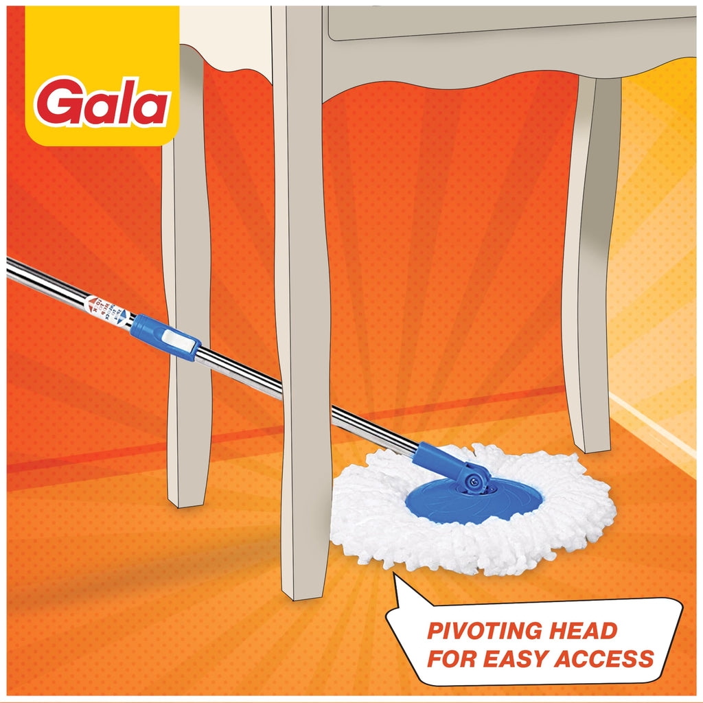 Gala Twin Bucket Spin Mop, 2 Microfiber Refills, Floor Cleaning Mop stick with Bucket, pocha for floor cleaning, Mopping Set with two buckets (white and blue)