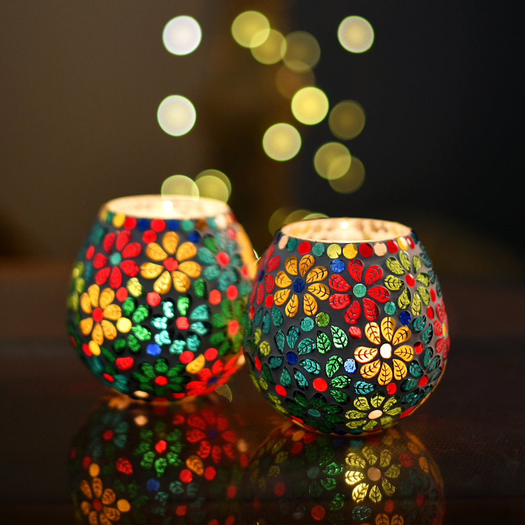 Homesake Tealight Candle Holders for Home Decor, Mosaic Glass, Flowers, Decorations for Home, Item for Diwali Festival Home Decor Item | Pack of 2