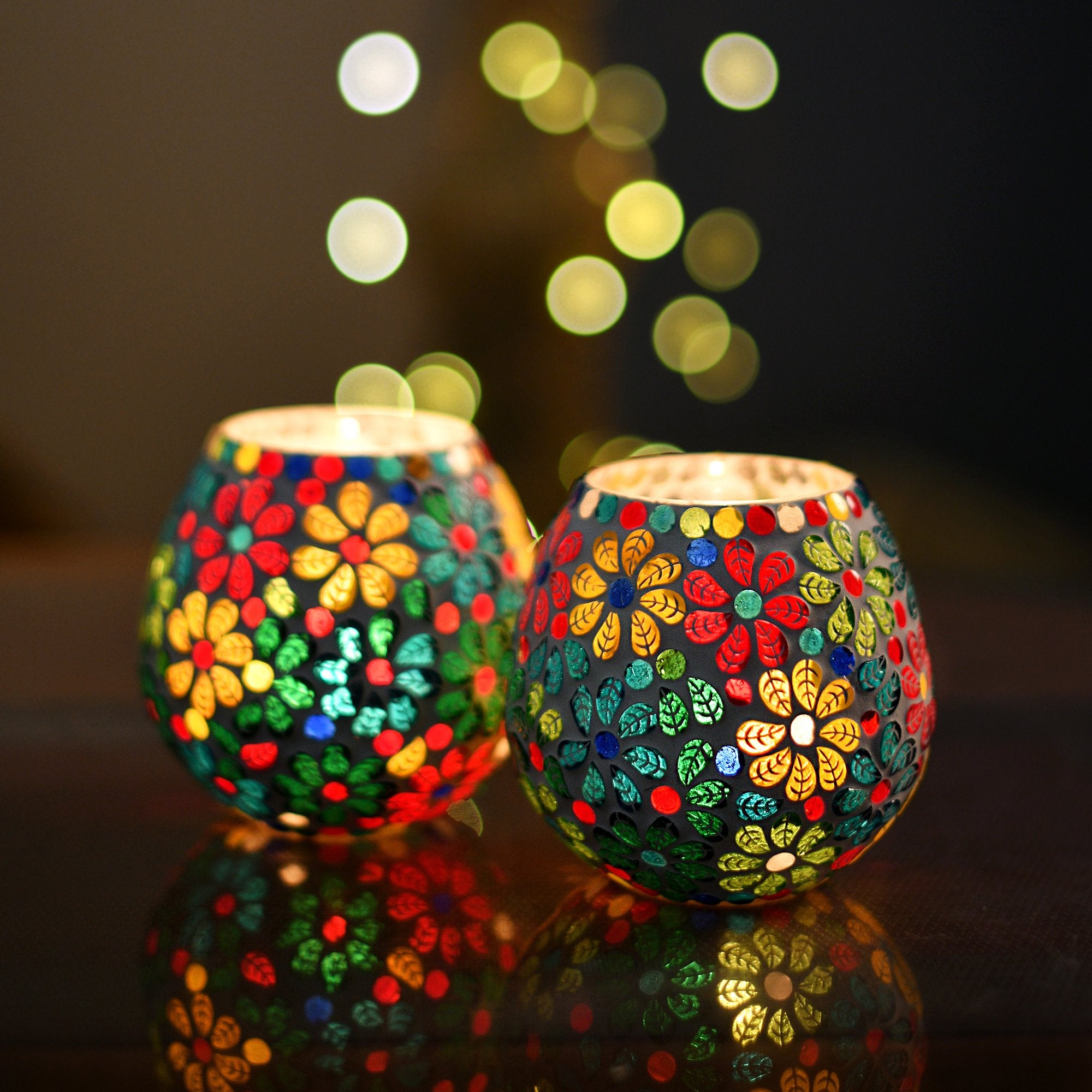Homesake Tealight Candle Holders for Home Decor, Mosaic Glass, Flowers, Decorations for Home, Item for Diwali Festival Home Decor Item | Pack of 2