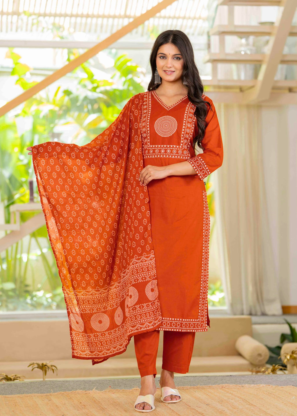 Pistaa's Women's Pure Cotton Elegant Bandhani Print Kurta Set with Dupatta (Bright Rust, Medium)