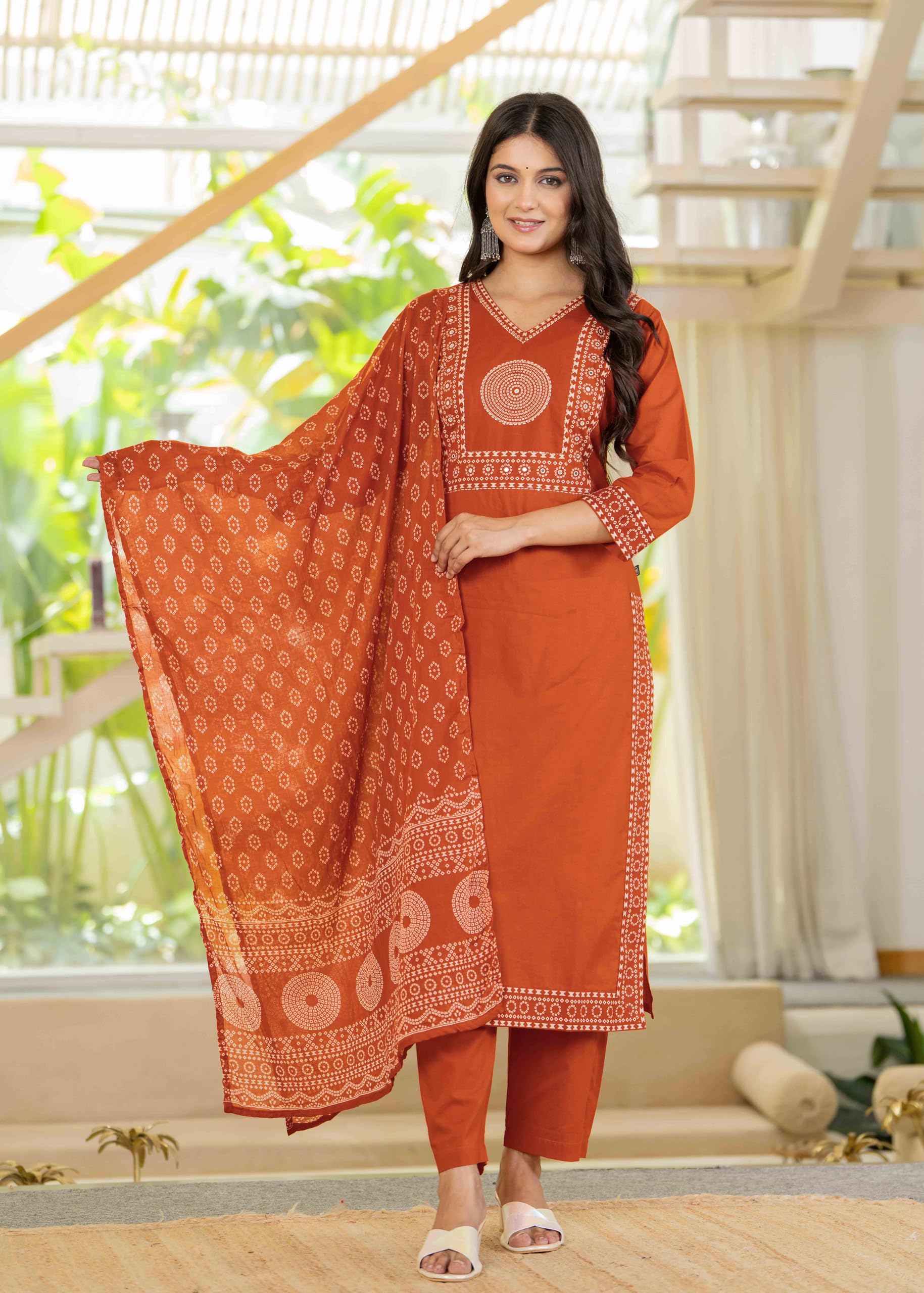 Pistaa's Women's Pure Cotton Elegant Bandhani Print Kurta Set with Dupatta (Bright Rust, Medium)