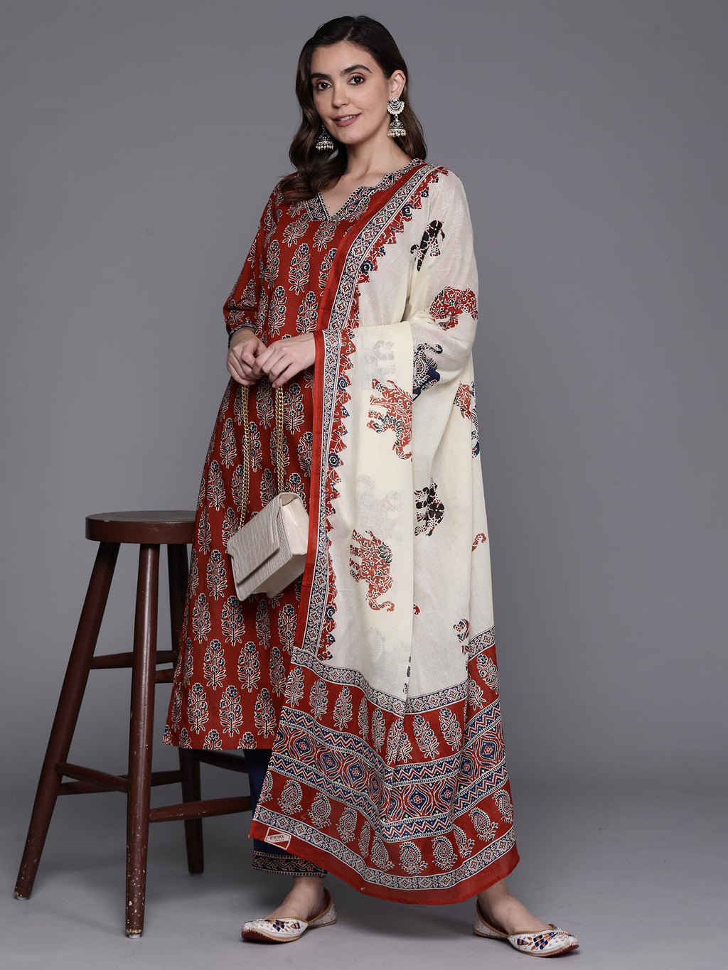 INDO ERA Cotton Rust Printed Straight Kurta With Pant & Dupatta Set For Women (Kh0Rt5137_Medium, Regular Fit)