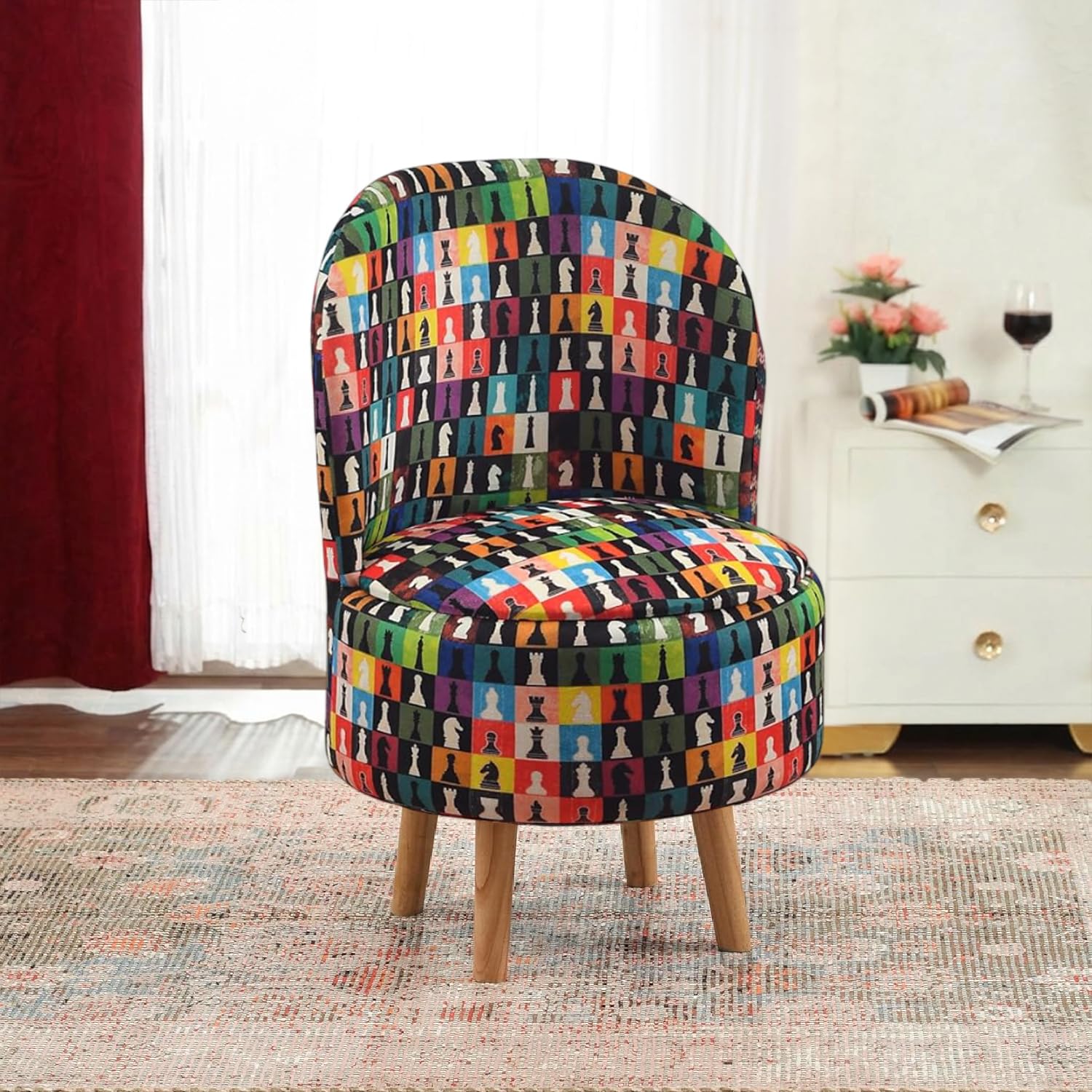 NACIA Elegant Velvet Printed Ottoman Chair | Dressing Table Chair for Bedroom Makeup Room Decor | Modern Upholstered Ottoman with Wooden Legs for Living Room & Home (18x18x32 Inches, Multi Chess)