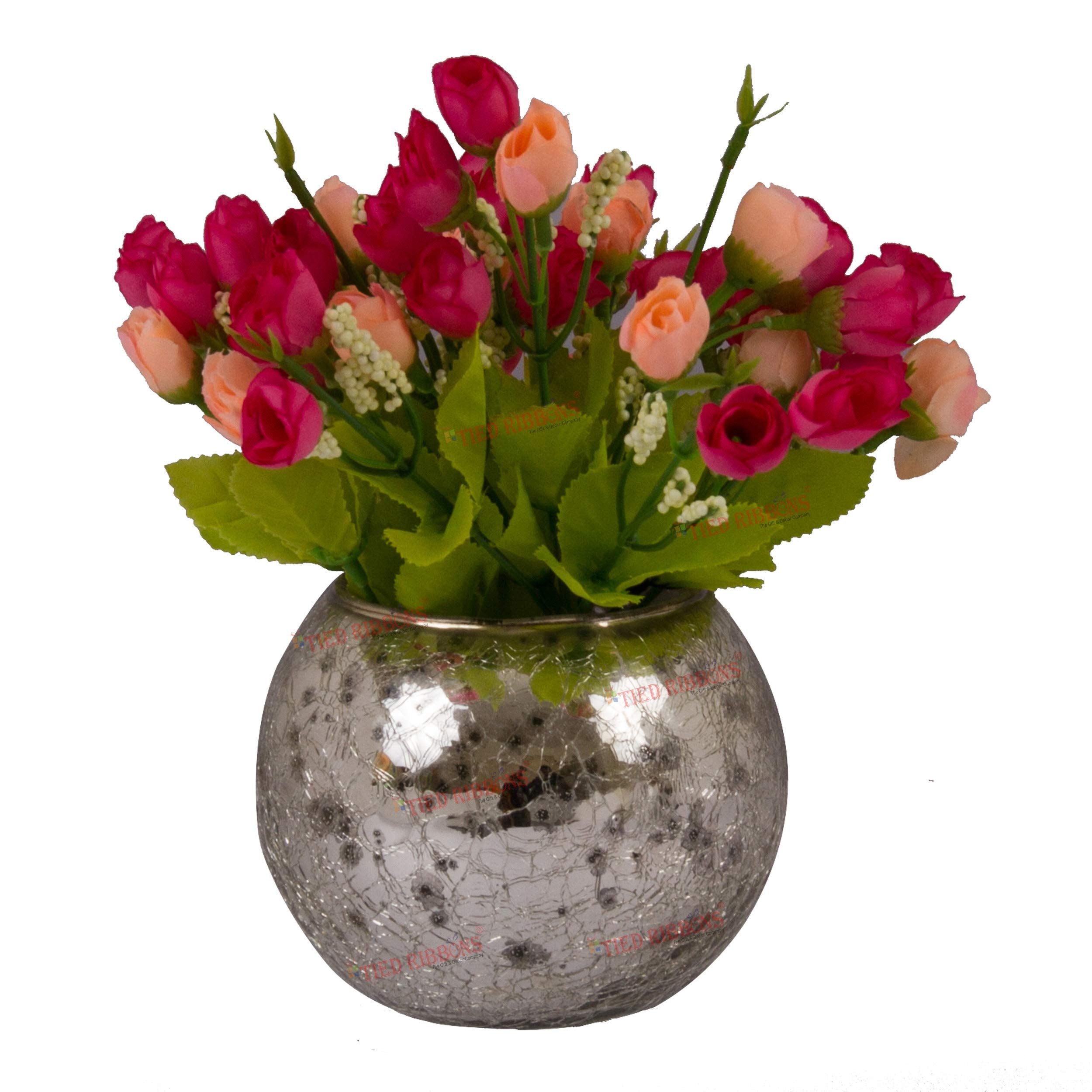 TIED RIBBONS Multicolor Flowers with Mercury Glass Vase for Mothers Day Home Decor Center Table Bedroom Living Room and Office Decoration (Multicolor)