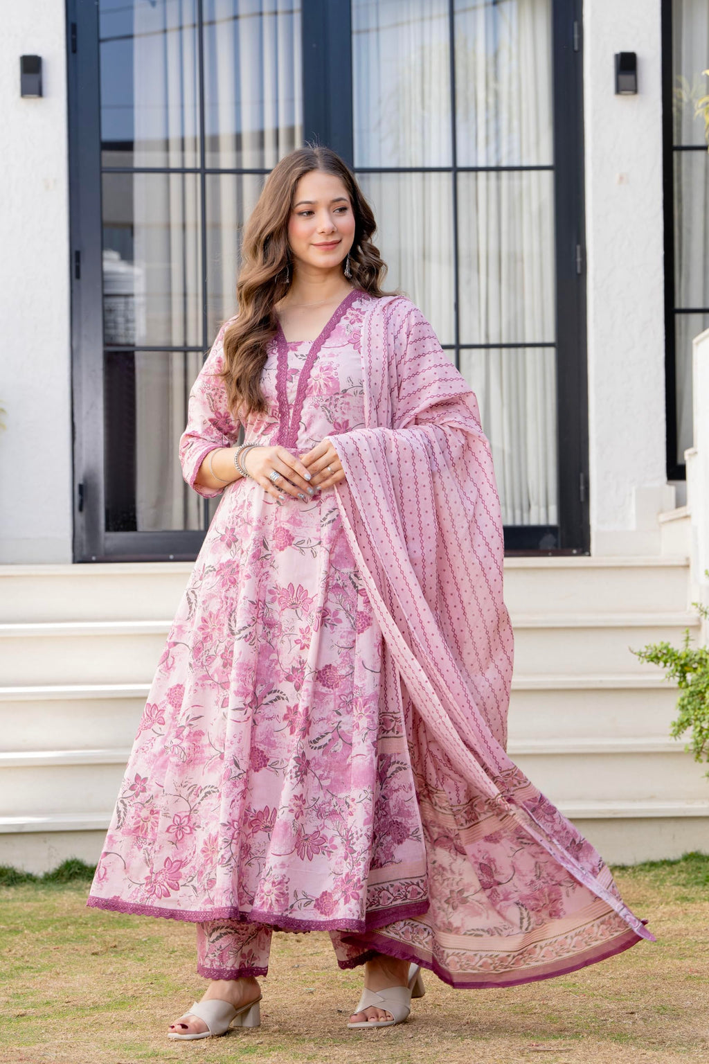 MANHAREE Women's Cotton Anarkali Pink Kurta Pant with Dupatta Set