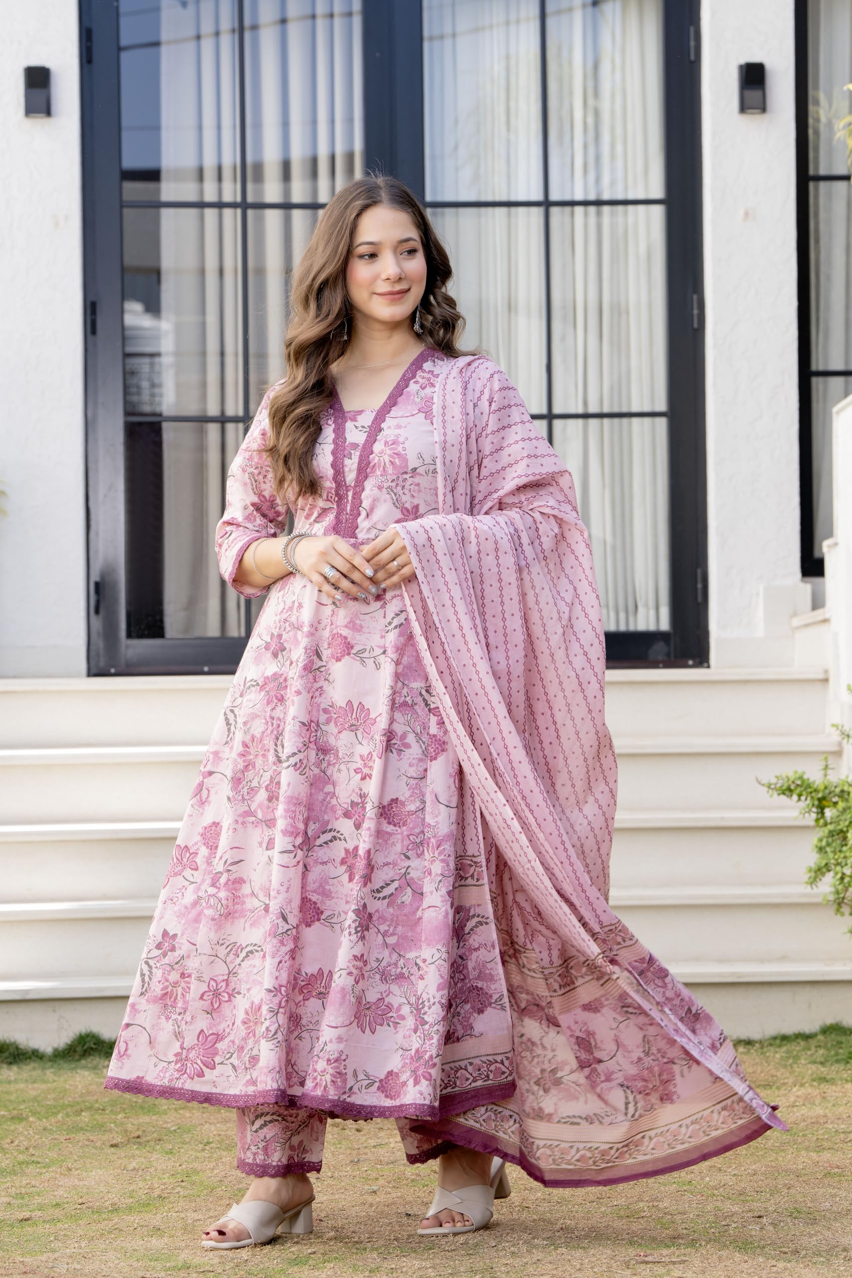 MANHAREE Women's Cotton Anarkali Pink Kurta Pant with Dupatta Set