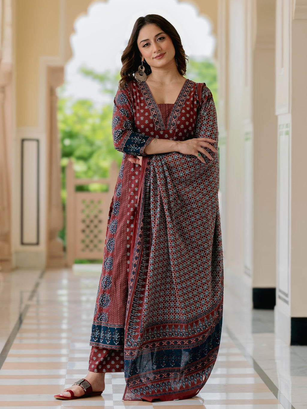 Arayna Women’s 100% Pure Cotton Printed Ethnic Suit | A-Line Kurta Set with Pant & Dupatta, Maroon, Large