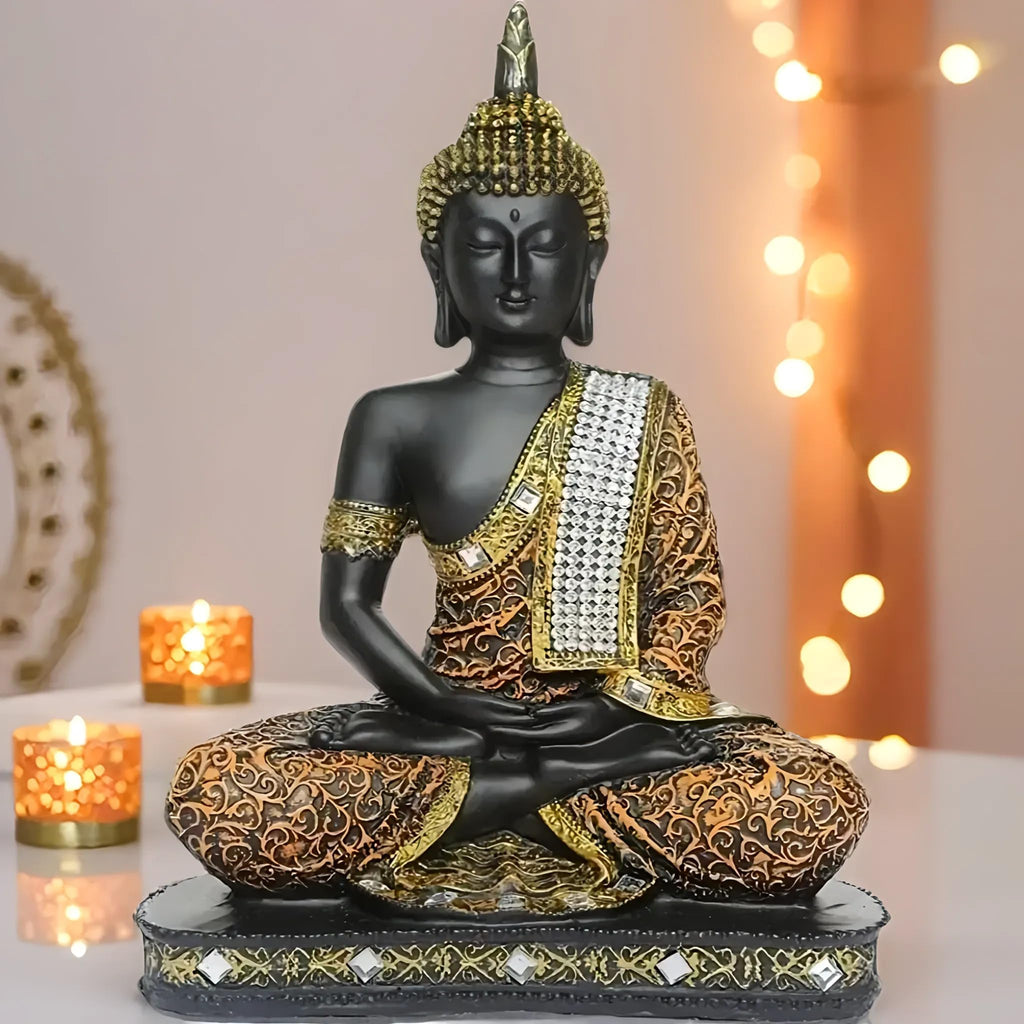 Global Grabbers New Limited Edition 25 Centimetre Meditating Sitting Buddha Idol Statue showpiece Home Decor Decoration Items for Living Room and Gifts (1, Orange Black)