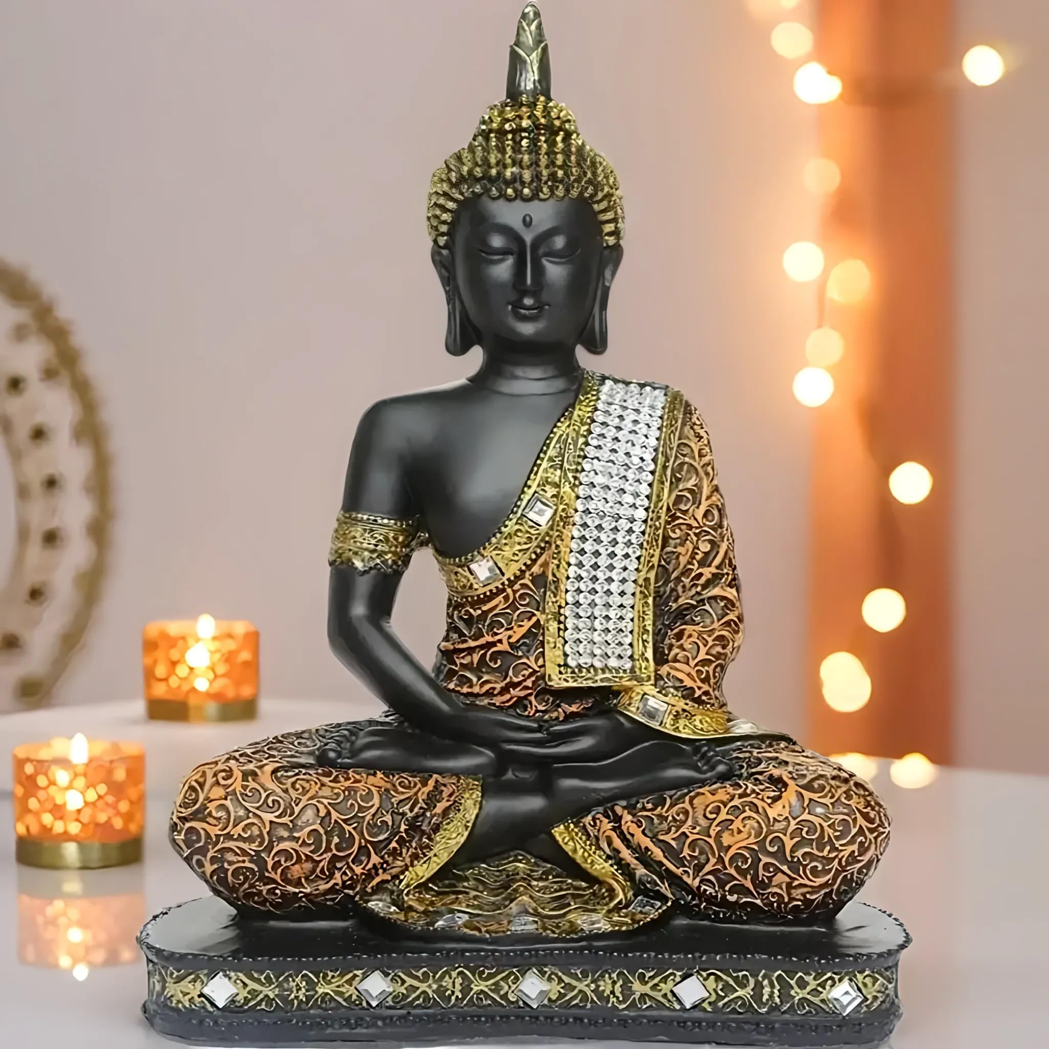 Global Grabbers New Limited Edition 25 Centimetre Meditating Sitting Buddha Idol Statue showpiece Home Decor Decoration Items for Living Room and Gifts (1, Orange Black)