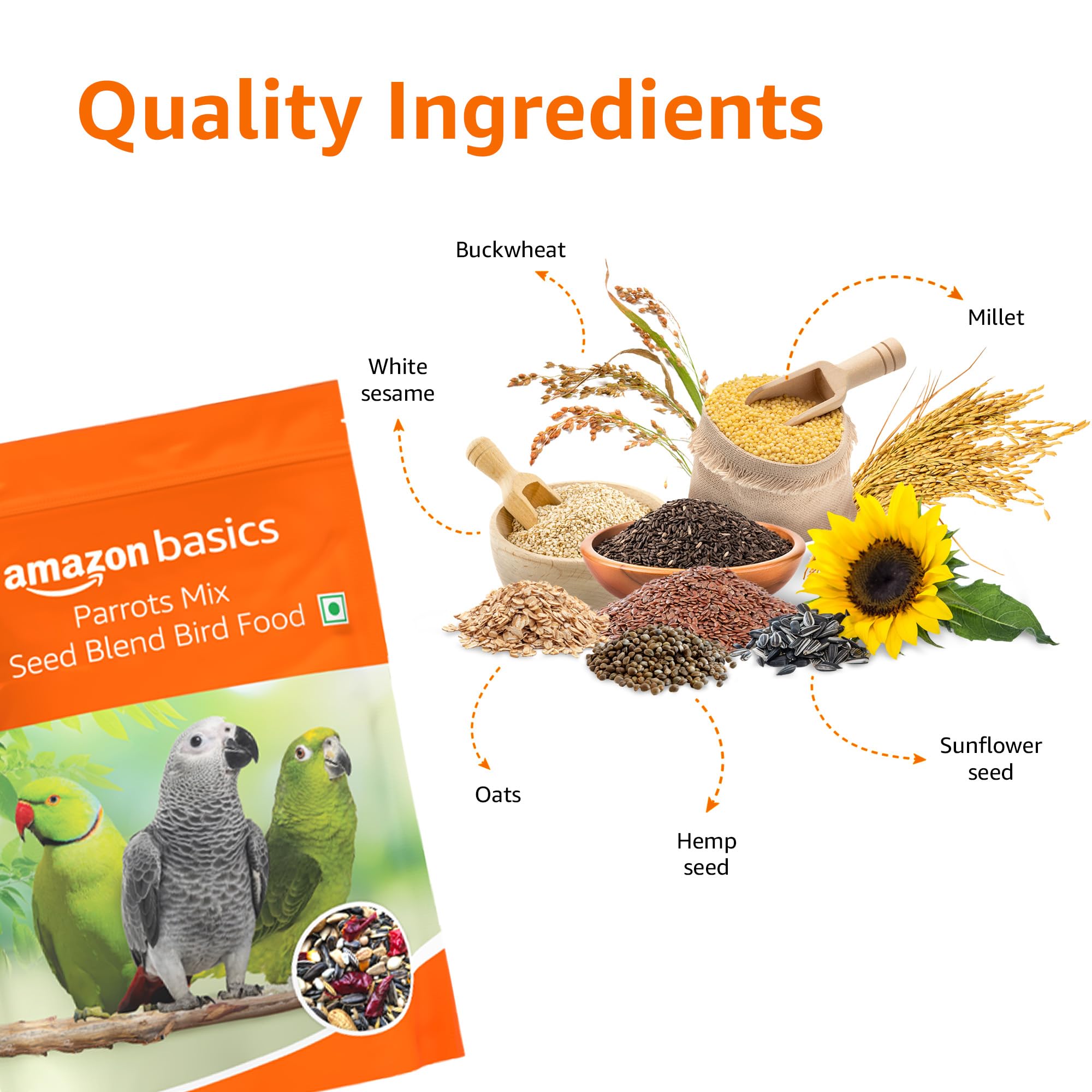 Amazon Basics Mix Seed Bird Food for Parrots, African Grey Parrot, Sun Conure, Macaw, Lovebird & Alexander | Bird Food for All Life Stages (1 kg)
