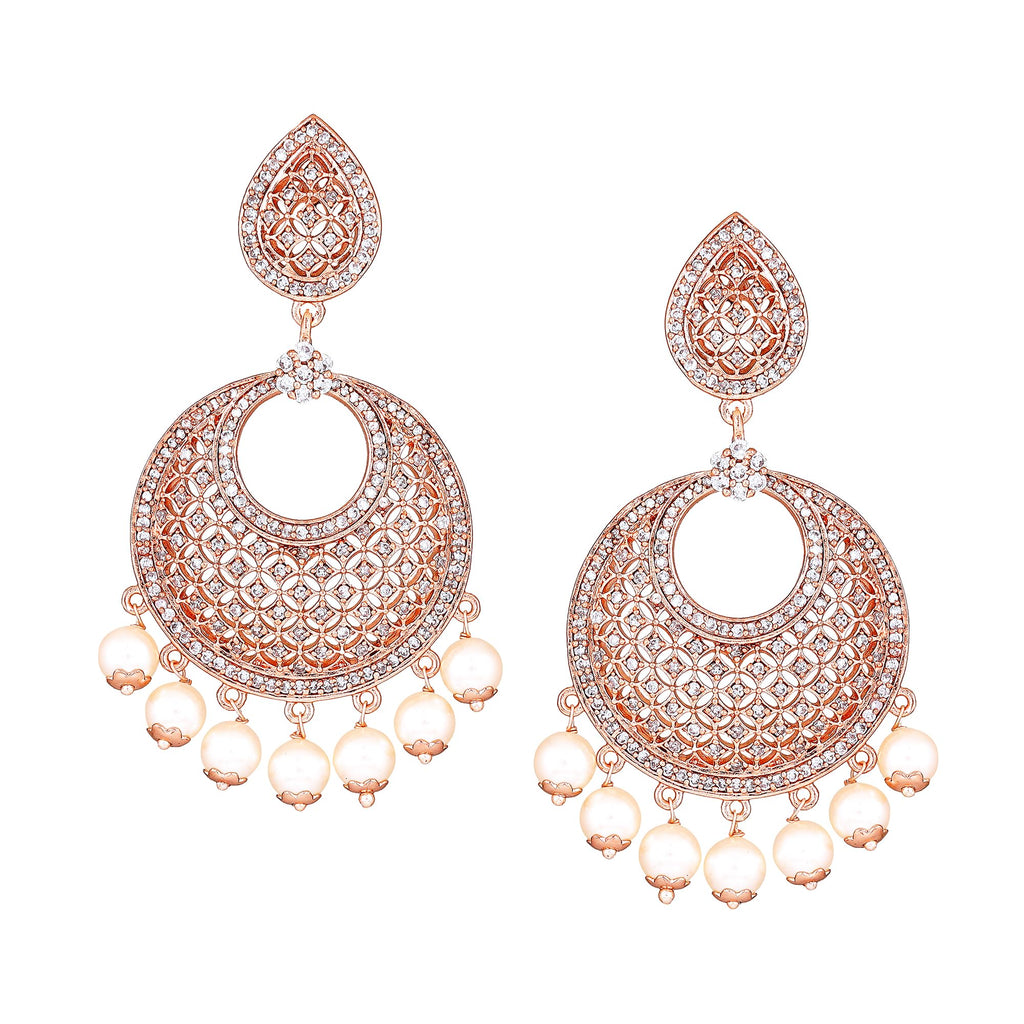 Estele Women's 24K Rose Gold Plated American Diamond Brass Metal Mesh Drop Earring