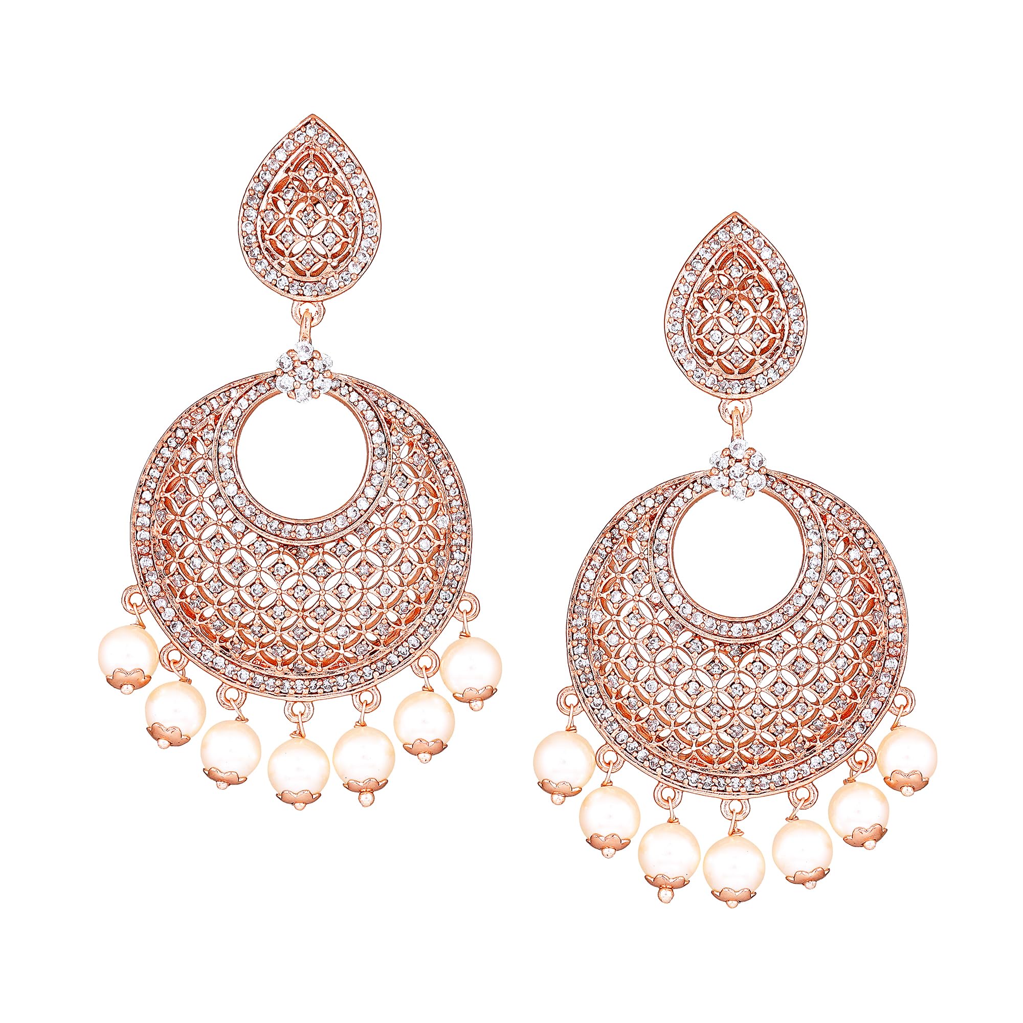 Estele Women's 24K Rose Gold Plated American Diamond Brass Metal Mesh Drop Earring