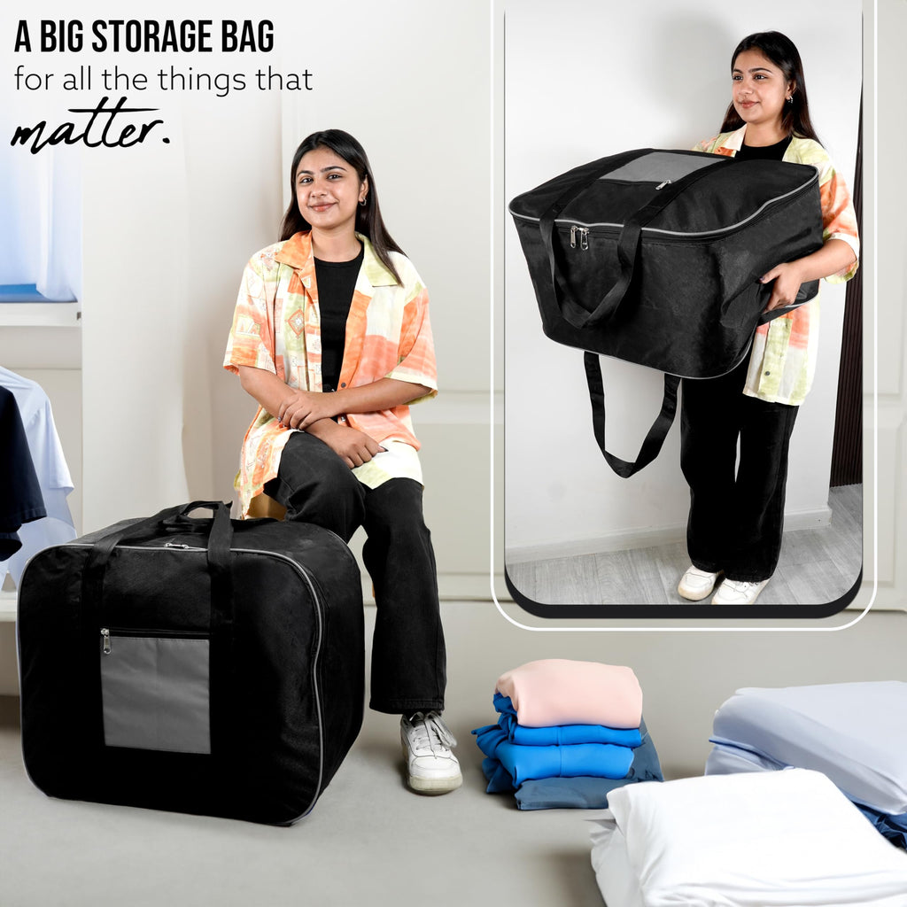 Storite Moisture Proof Nylon Large Size Foldable Underbed Storage Bag For Clothes, Blankets (54 x 46 x 28 cm) - Black, Rectangular