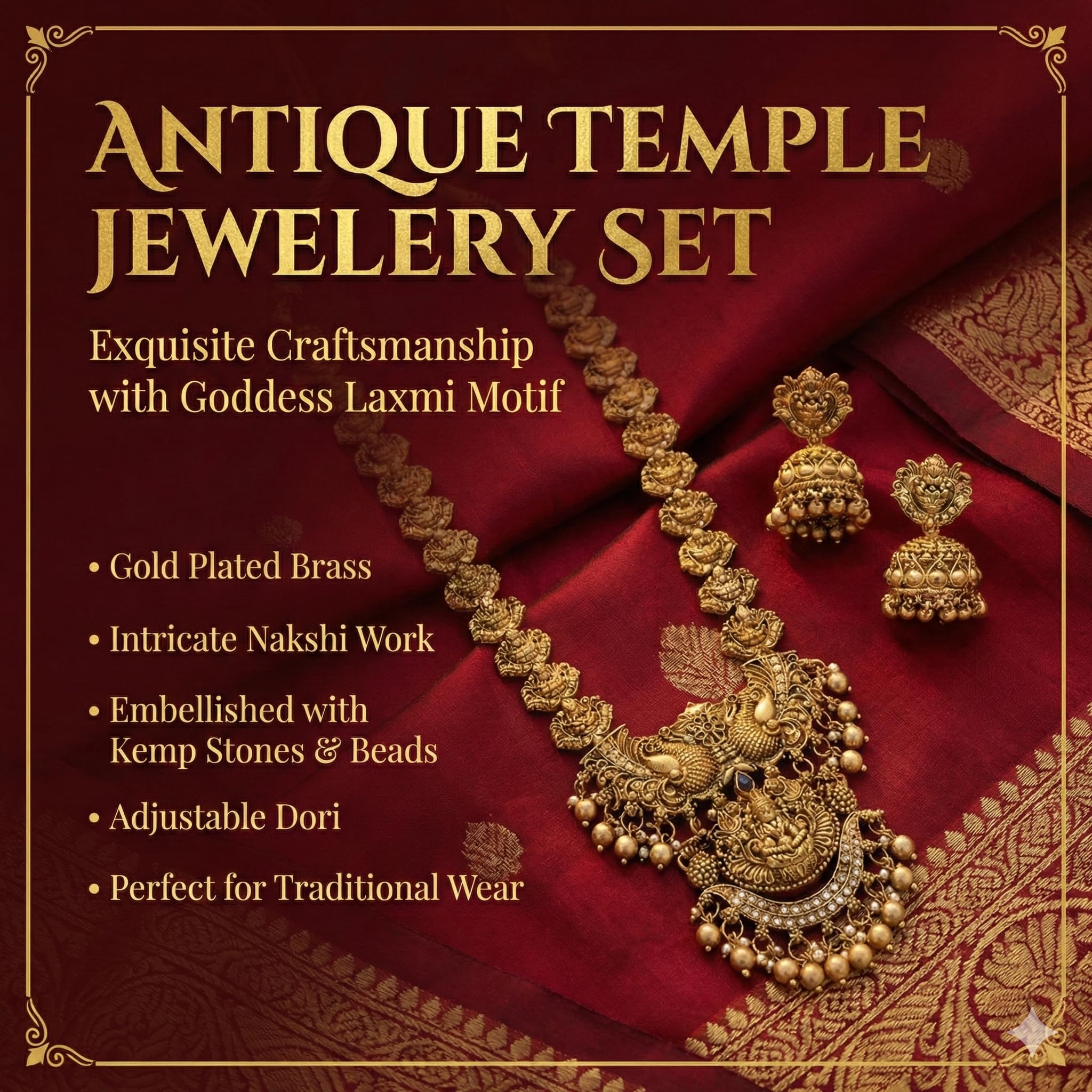 Diksha Collection South Indian Traditional Antique Matte Gold Finish Goddess Lakshmi & Peacock Motif Long Necklace Set with Jhumka Earrings for Women | Ethnic Temple Jewellery for Weddings, Brides & Festivals
