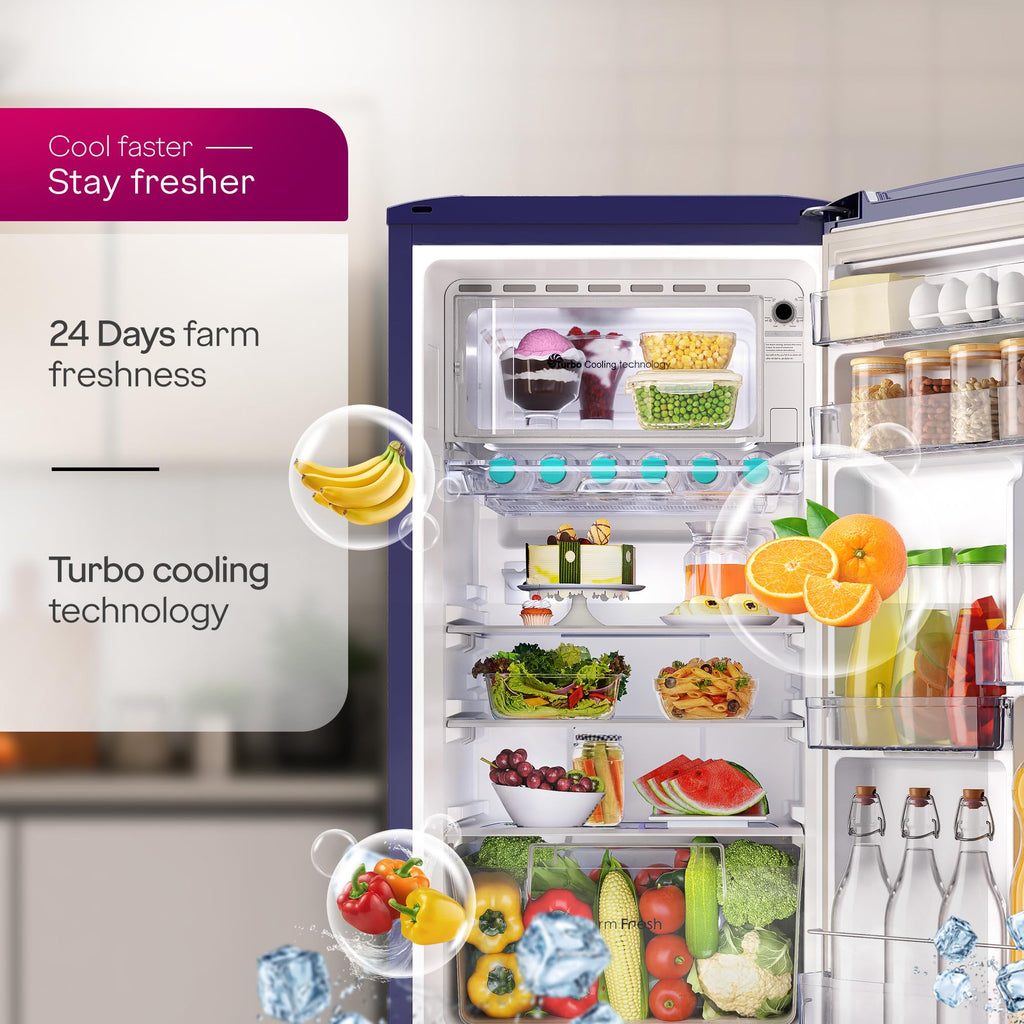 Godrej 183 L 3 Star 5 Years Comprehensive New Launch | Toughened Glass Shelves | 24 Day Farm Freshness | Jumbo Vegetable Tray | Single Door Refrigerator (RD R190CN THF FR BL, Floral Blue)