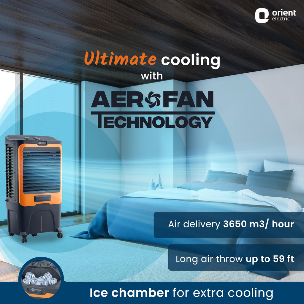 Orient Electric Ultimo 50L Desert Air Cooler with Densenest Honeycomb pads, Ice chamber & High Air Delivery | Desert Cooler for home (Grey and Orange)