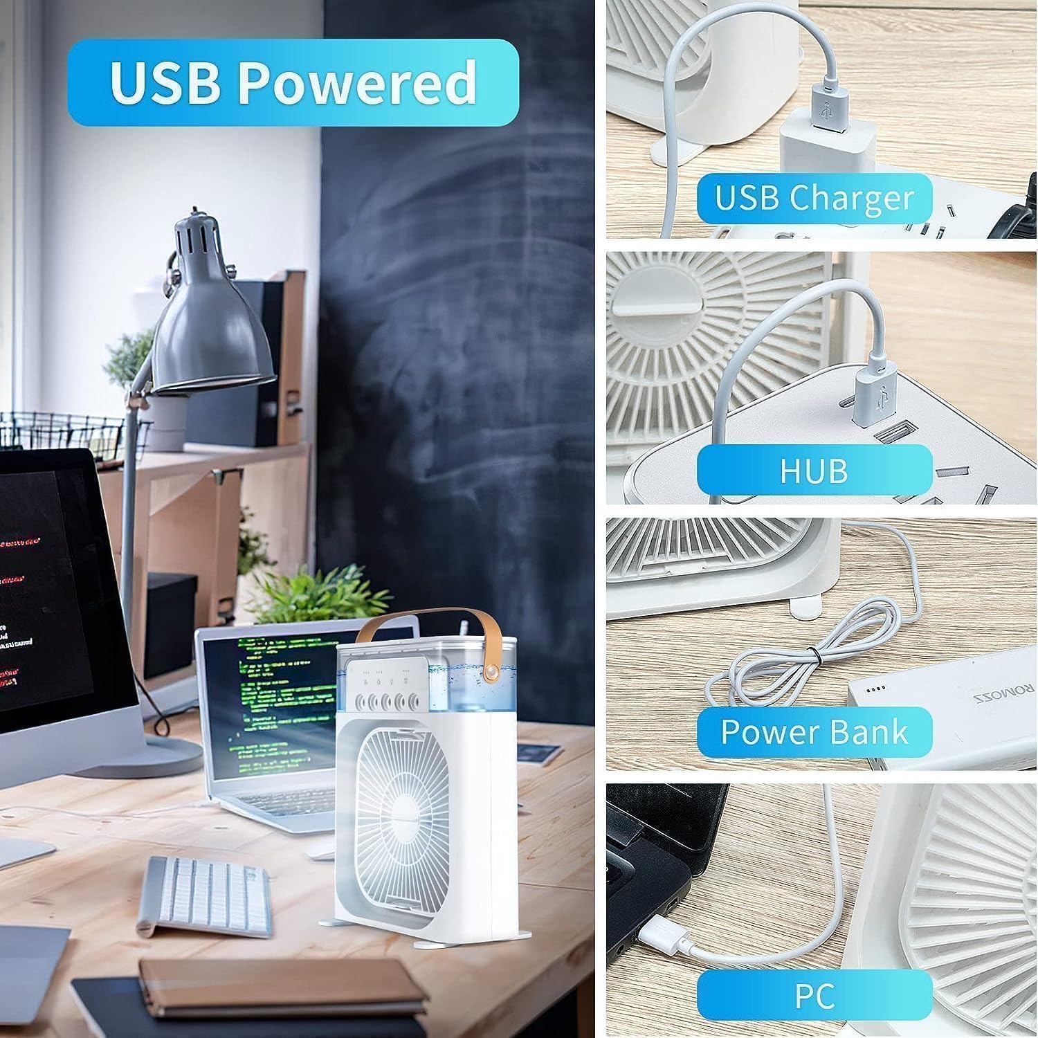Cooler for Room Cooling Mini AC Portable Mini Fan Artic Cooler with 7 Colors LED Light, 1/2/3 H Timer, 3 Wind Speeds and 3 Spray Modes for Office,Home,Dorm,Travel (White Square)