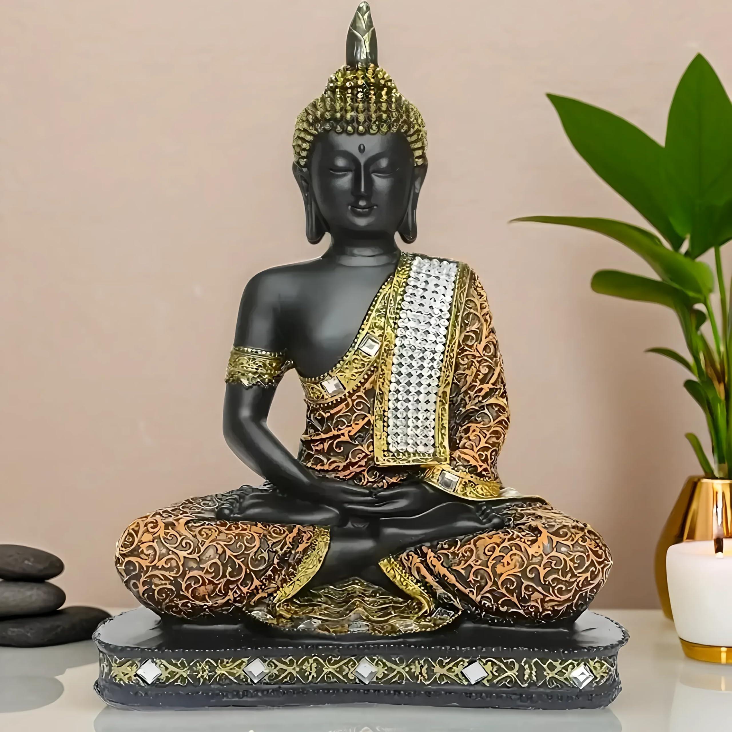 Global Grabbers New Limited Edition 25 Centimetre Meditating Sitting Buddha Idol Statue showpiece Home Decor Decoration Items for Living Room and Gifts (1, Orange Black)