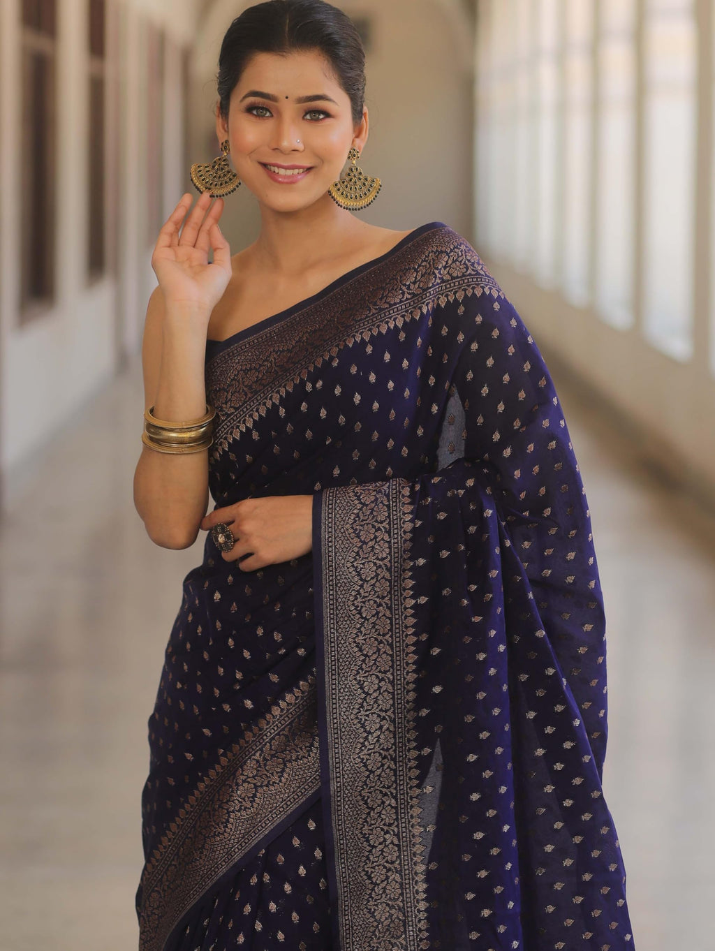 Shasmi Women's Navy Blue Banarasi Pure Kanjivaram Silk Saree Soft new ladies Design Wear Pattu Sarees Latest 2026 Cotton Party Sari collections With Blouse Piece for Wedding sadi (PARI-239-NEVIBLUE)
