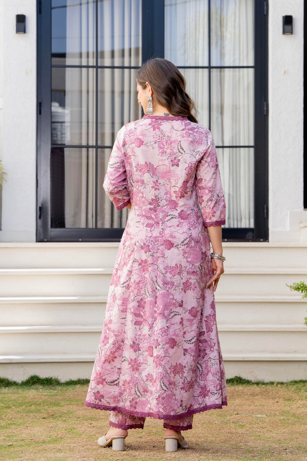MANHAREE Women's Cotton Anarkali Pink Kurta Pant with Dupatta Set