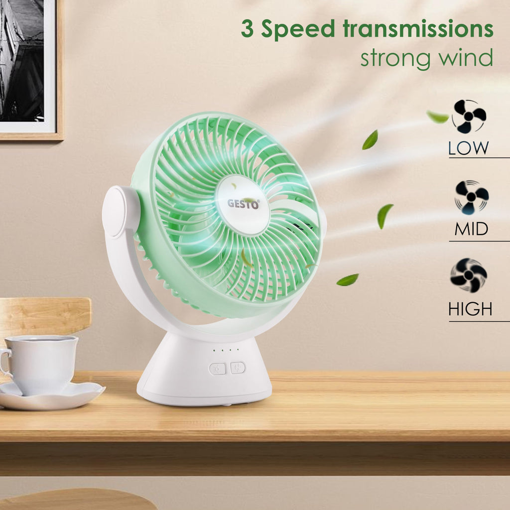 Gesto 7.8 Inch High Speed Rechargeable Table Fan for Home – USB Charging Battery Fan With Led Light | 2400mAh Battery for Upto 8 Hrs. Runtime | 3 Speed Modes Portable fan for Home,Office,Kitchen-Green