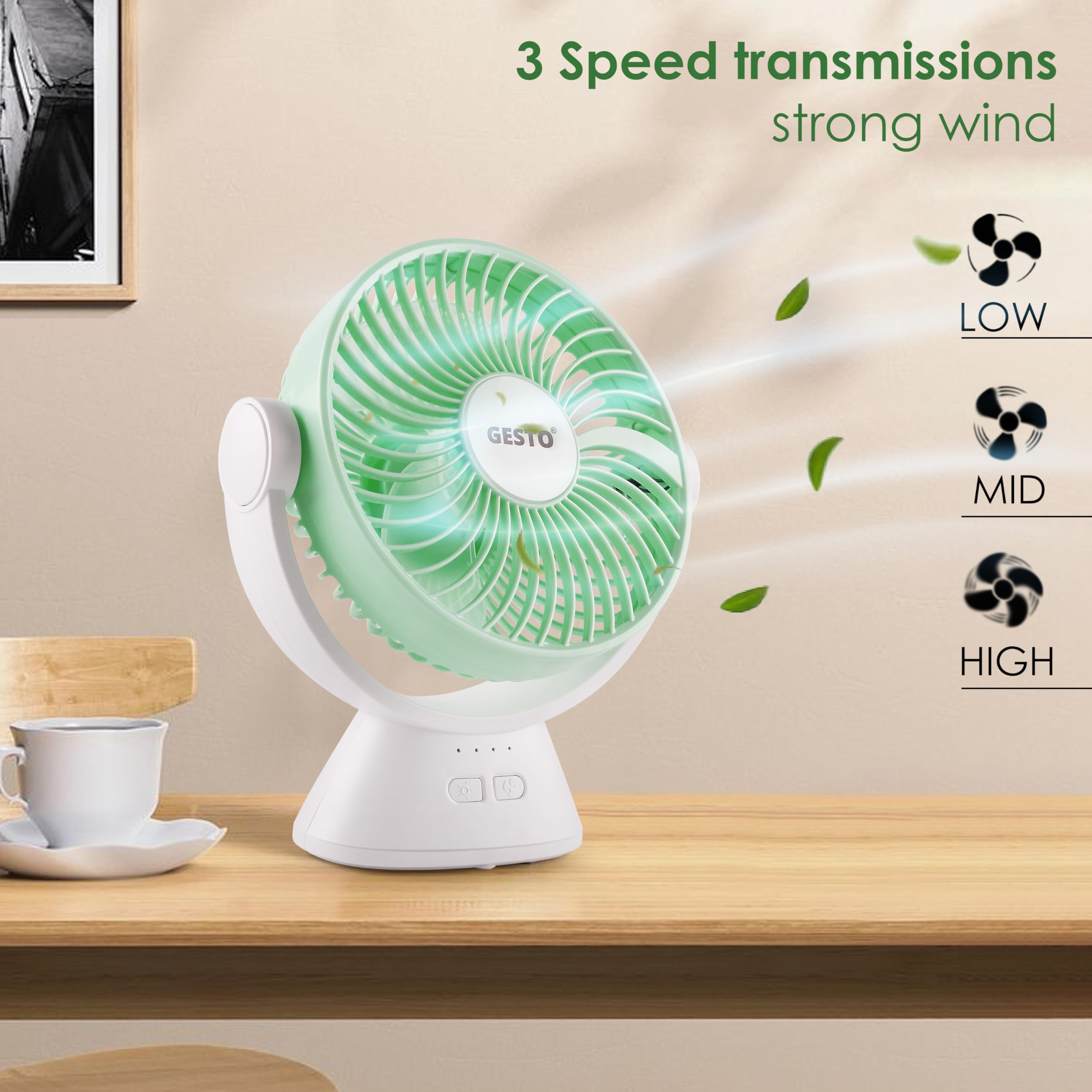 Gesto 7.8 Inch High Speed Rechargeable Table Fan for Home – USB Charging Battery Fan With Led Light | 2400mAh Battery for Upto 8 Hrs. Runtime | 3 Speed Modes Portable fan for Home,Office,Kitchen-Green