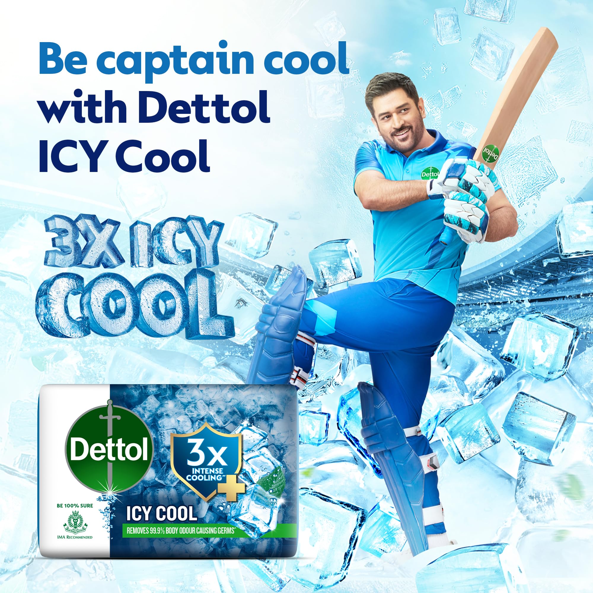 Dettol Icy Cool Bathing Soap Bar With 3x intense cooling (400gm), 100gm - Pack of 4