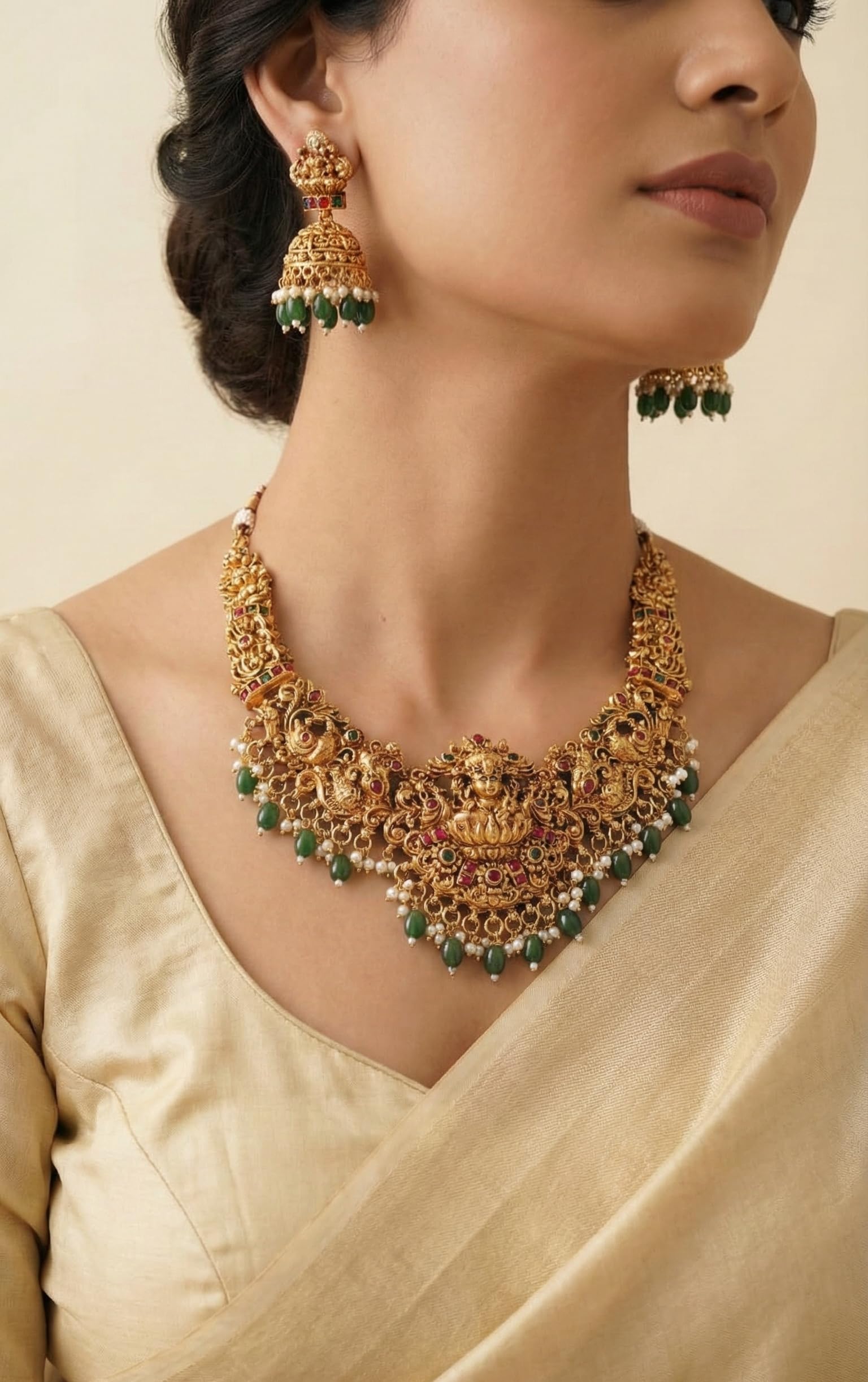 DIKSHA COLLECTION South Indian Temple Jewellery Set | Antique Gold Plated Lakshmi Long Necklace with Green Bead Drops & Jhumka Earrings | Traditional Kemp Stone Bridal Jewellery for Women