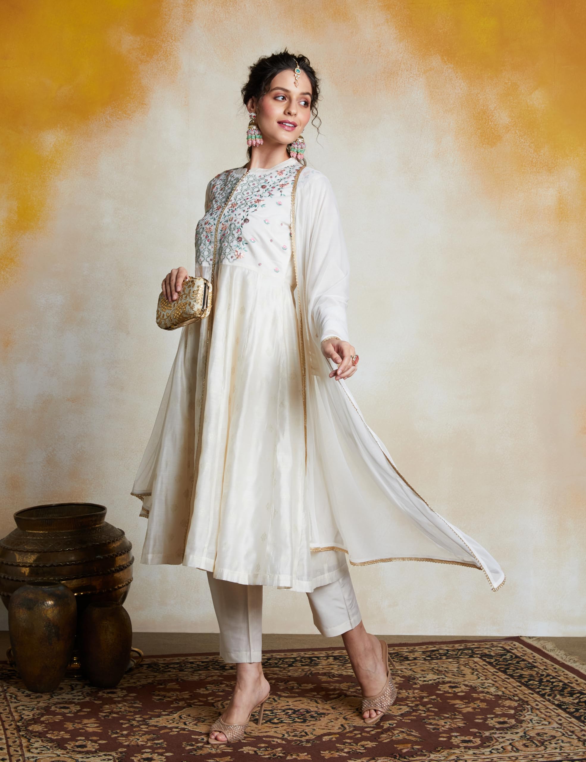 Amazon Brand - Myx Women's Embroidered Anarkali Kurta Set with Mesh Dupatta | Chanderi Blend (AW25-MYX-GEE-KS-23_Off-white_3XL)