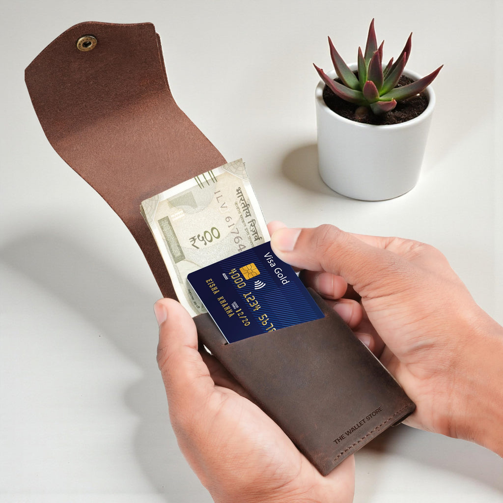 The Wallet Store Flip Genuine Leather Vertical Slim Wallet for Men | Pull-String Quick Card Access | Compact Front Cash Pocket & Button Lock | Minimalist Travel & Daily Carry Wallet (Brown)