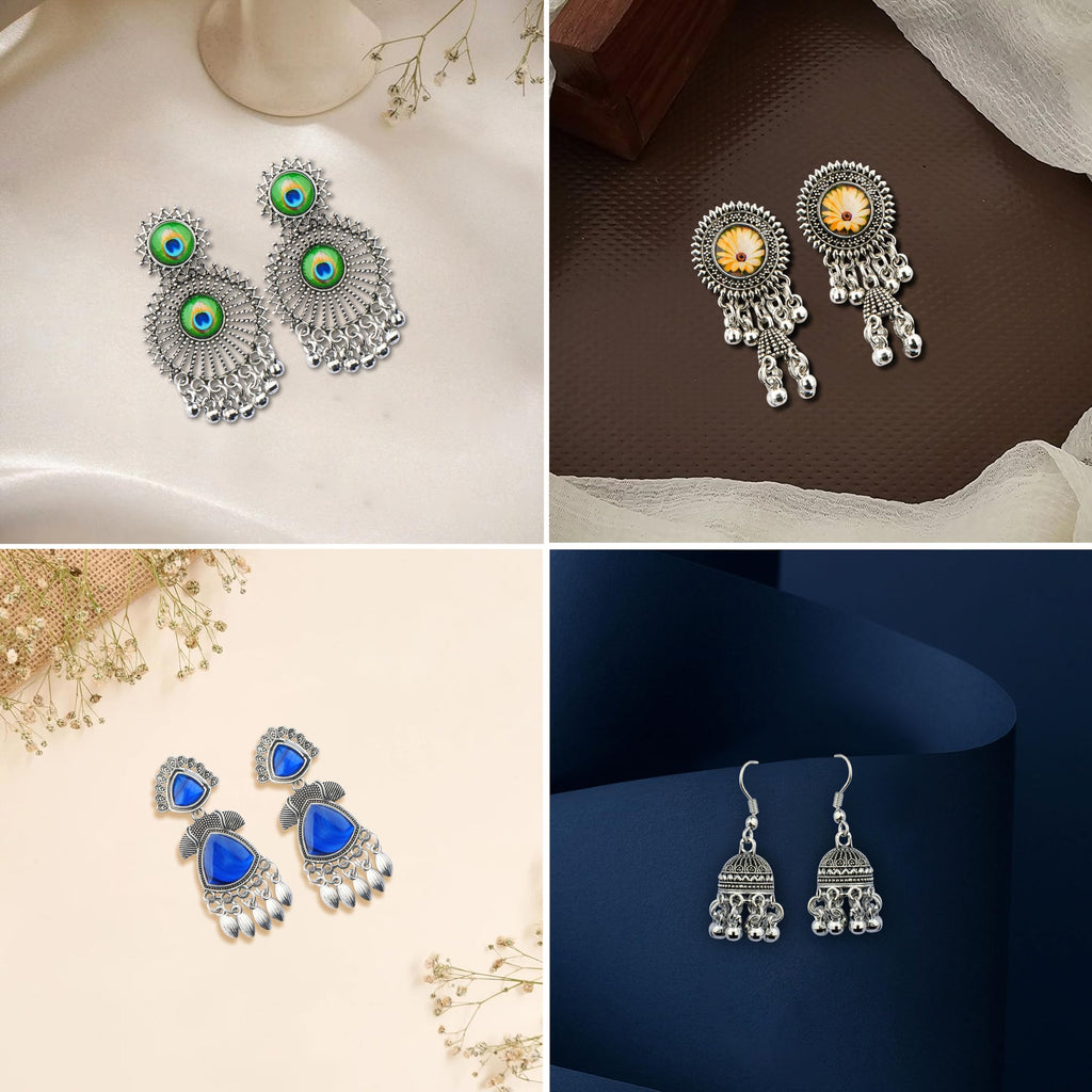 The Wallet Store Ishq-E-Jhumka Oxidized Designer Earrings Set of 12 With Folding Jewelry Box | Minimalist & Traditional Jhumka Set for Womens & Girls