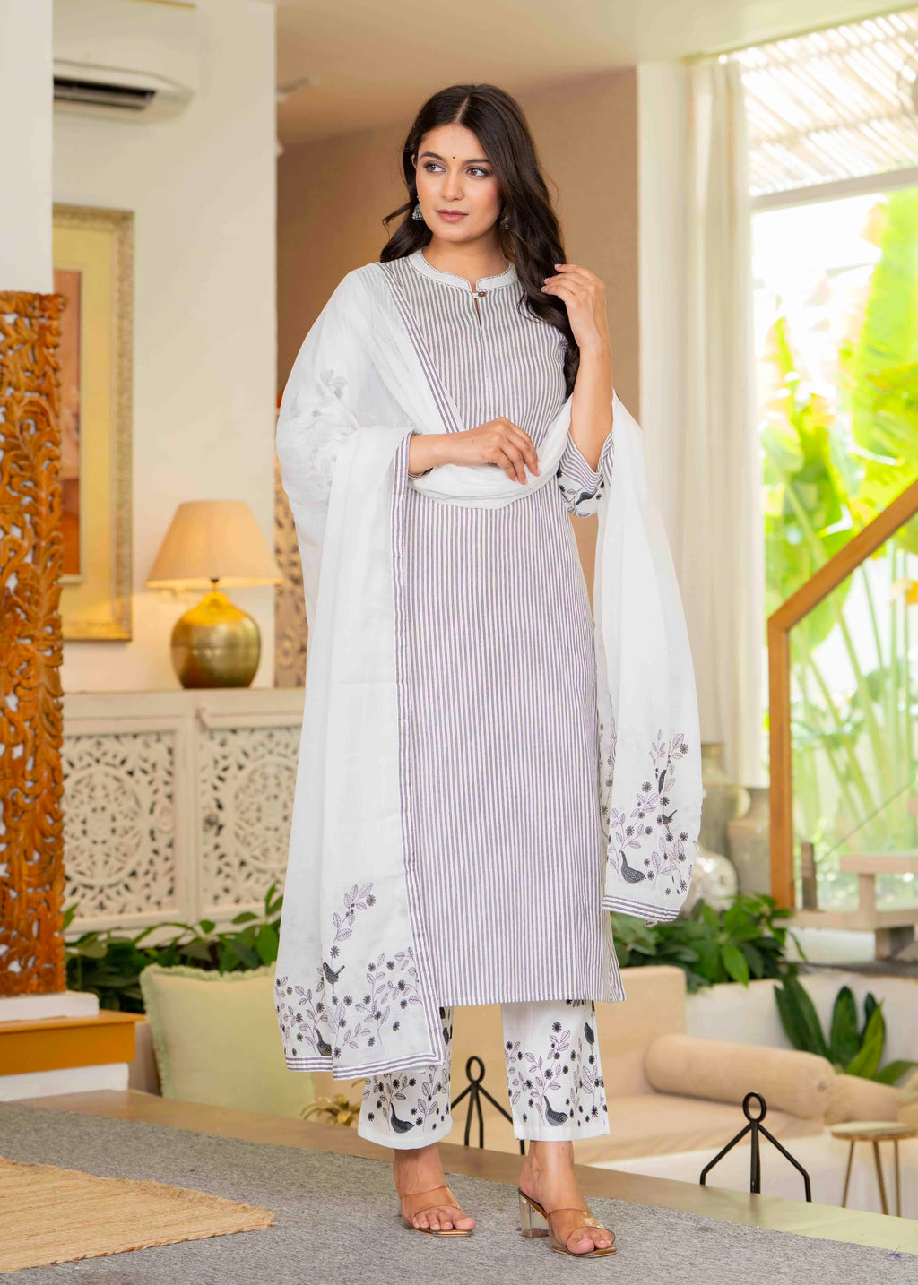 Pistaa's women Cotton Striped Straight salwar Suit Set (Off White, Medium)