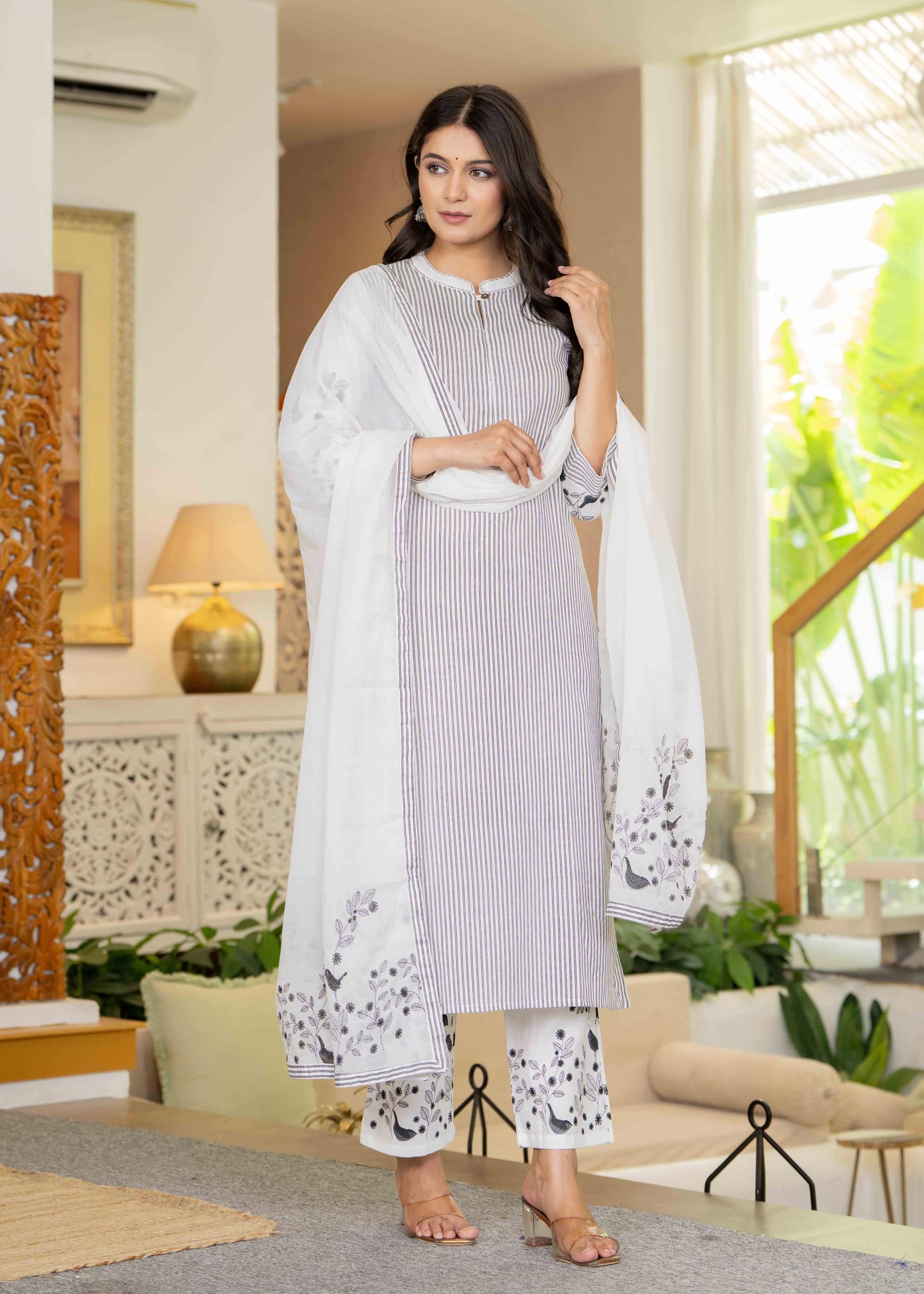 Pistaa's women Cotton Striped Straight salwar Suit Set (Off White, Medium)