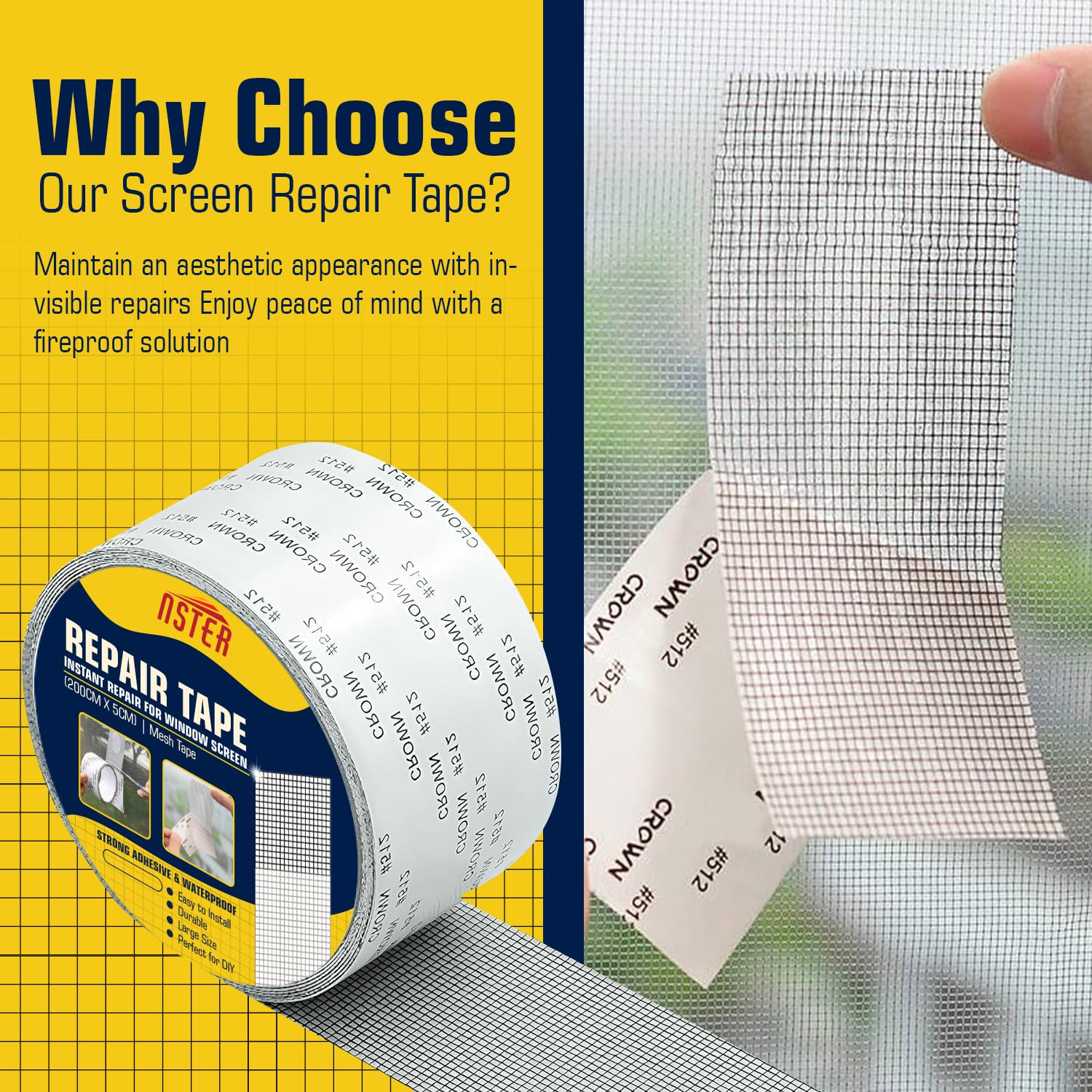VIVNITS Mosquito Net Repair Tape (200cm x 5cm) – Self Adhesive Fiberglass Mesh Patch Roll for Window & Door Screen Repair, Fix Broken Net Holes, Durable & Strong, Pack of 1 (200Cm X 5CM)