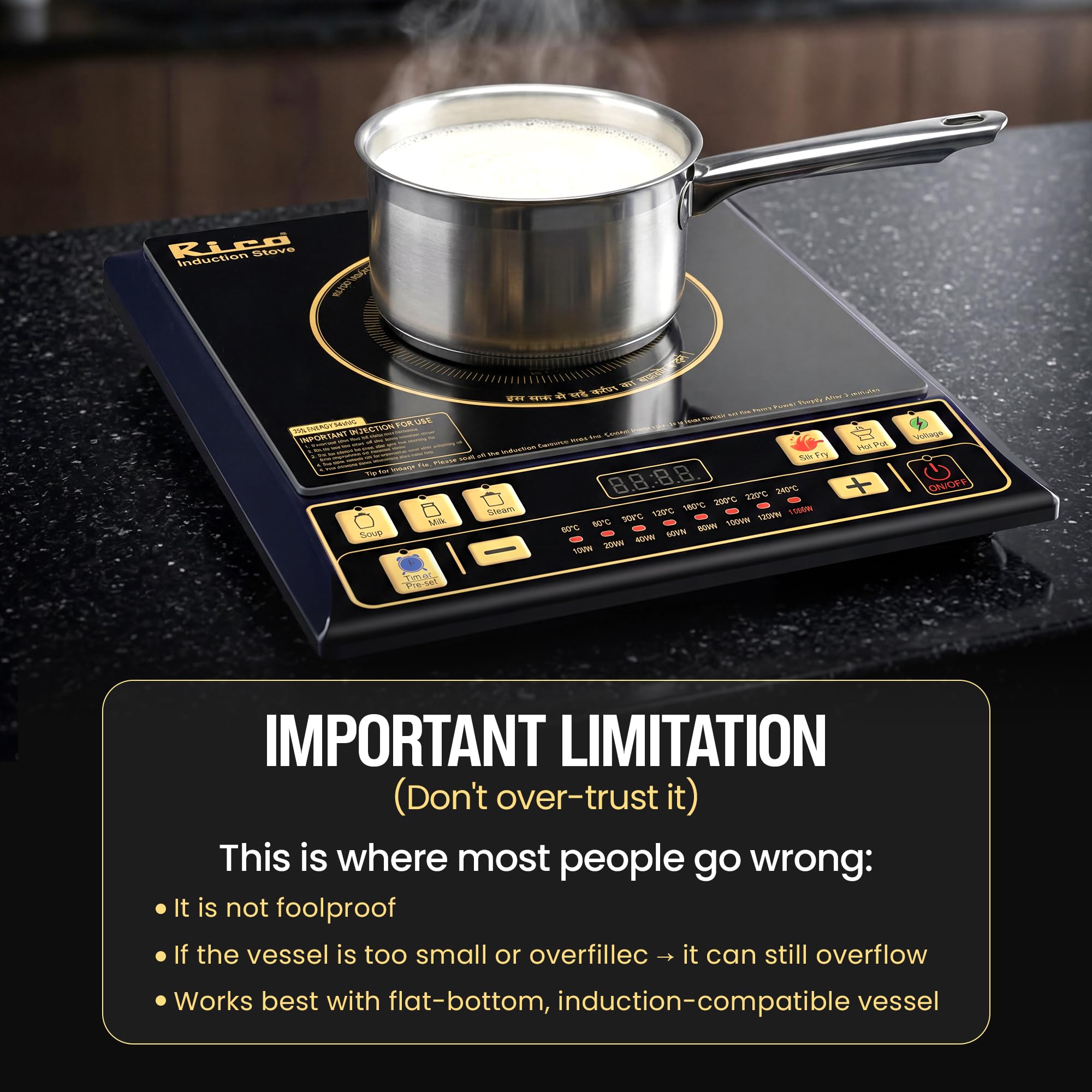 Rico BIS-ISI Certified induction stove with Free Vessel & Lid | 3 Yr Replacement Warranty on Coil | Milk Boil Mode with Timer | Fast Heating | Power Saving | 4KVA High Voltage Protection.