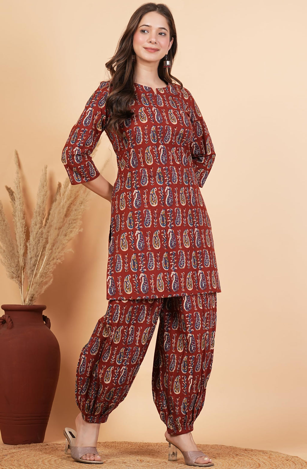 rytras Women's Pure Cotton Printed Straight Kurta Set with Palazzo Pants|Ethnic wear|Kurta Set for Women(RYT704,L) Maroon
