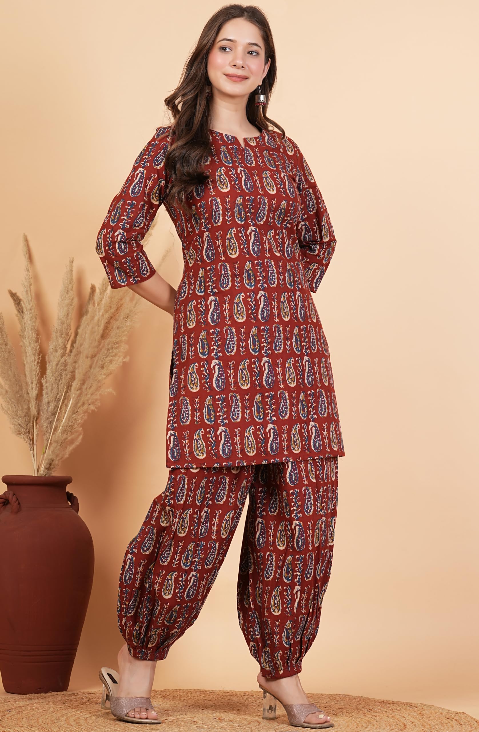rytras Women's Pure Cotton Printed Straight Kurta Set with Palazzo Pants|Ethnic wear|Kurta Set for Women(RYT704,L) Maroon