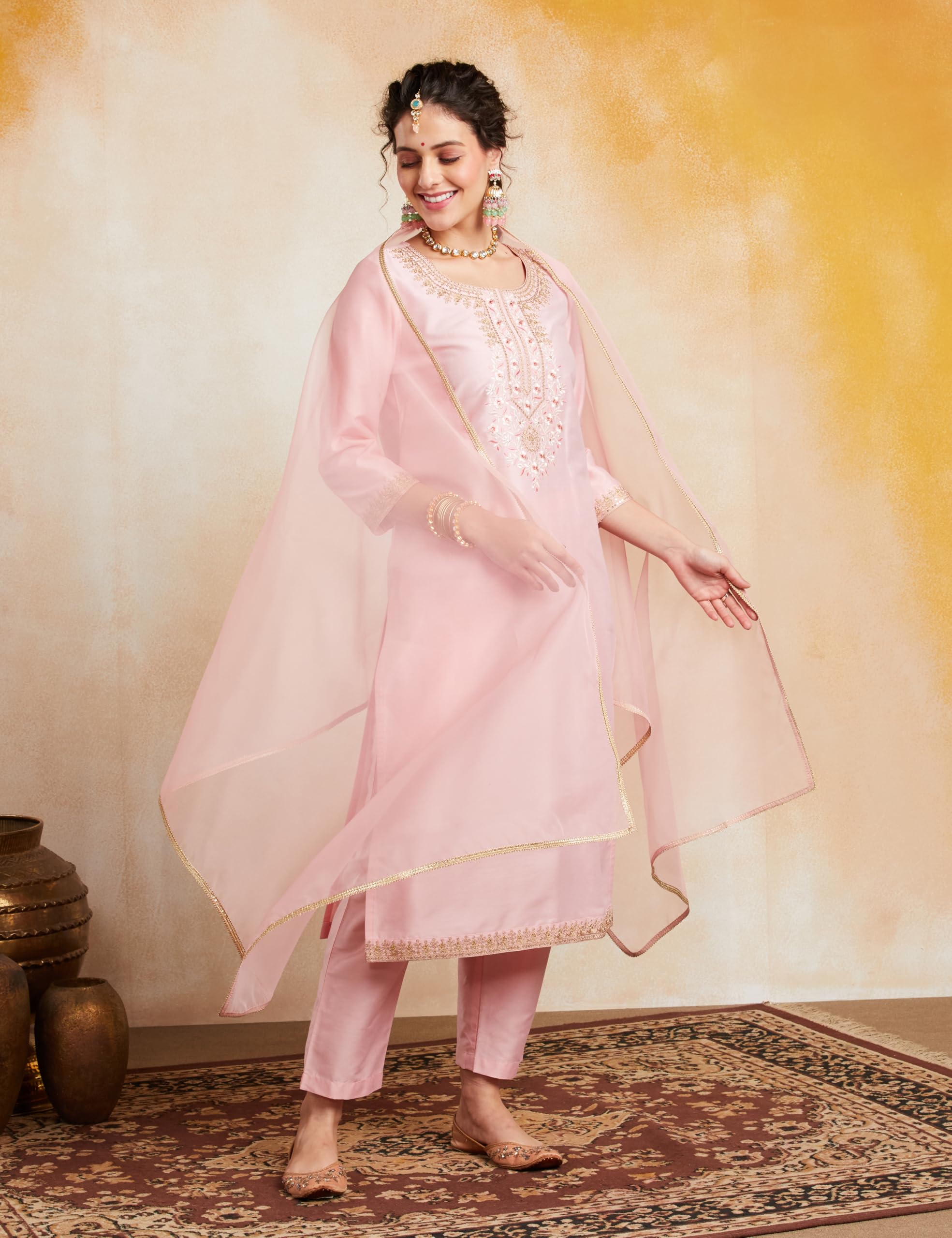 Amazon Brand- Myx Women's Embroidered Kurta Pant Set with Organza Dupatta (AW25-MYX-VEN-KS-10_Blush Pink_M)