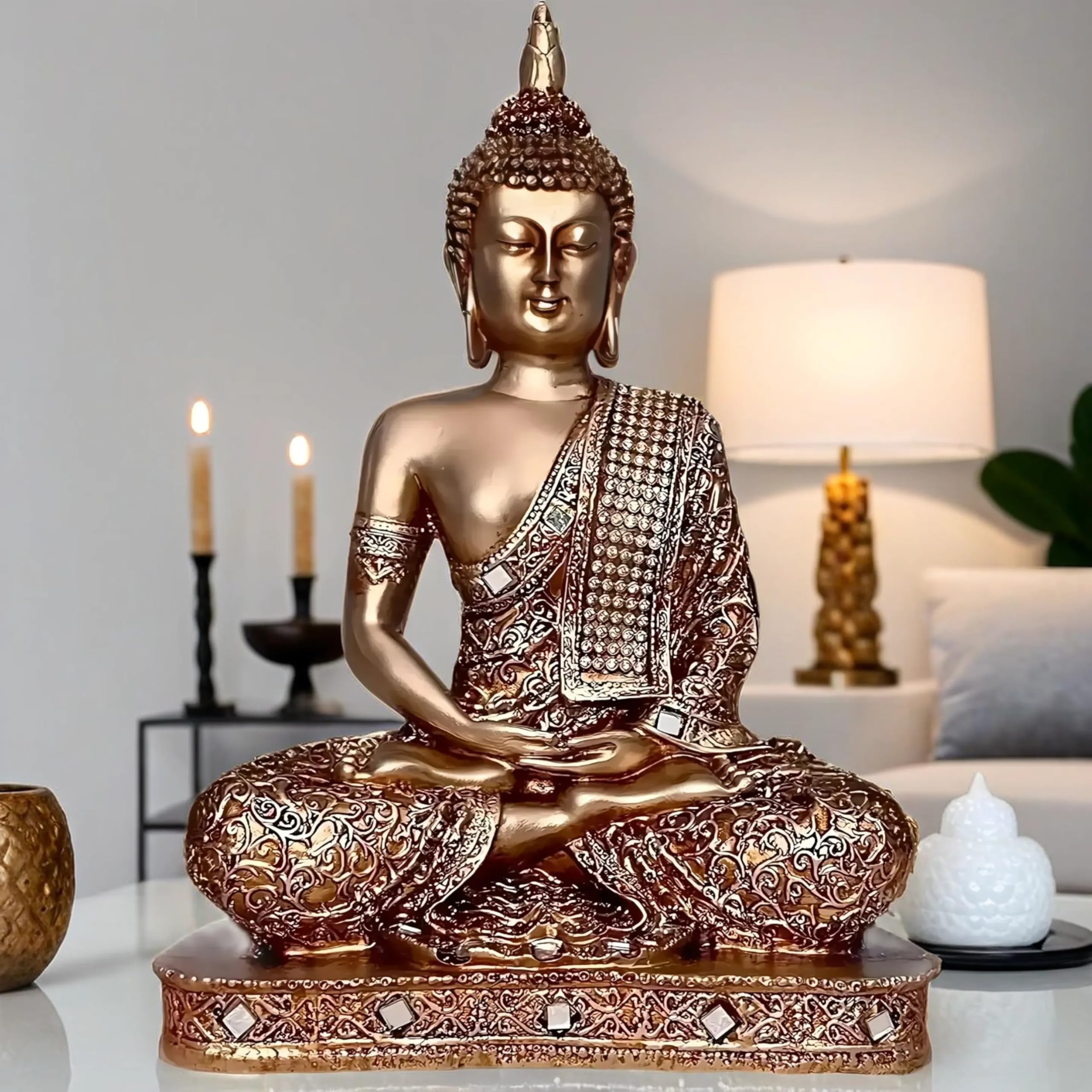 Global Grabbers New 25 Centimetre Meditating Sitting Buddha Statue showpiece Idol Home Decor Items for Living Room and Gifts (Golden2)