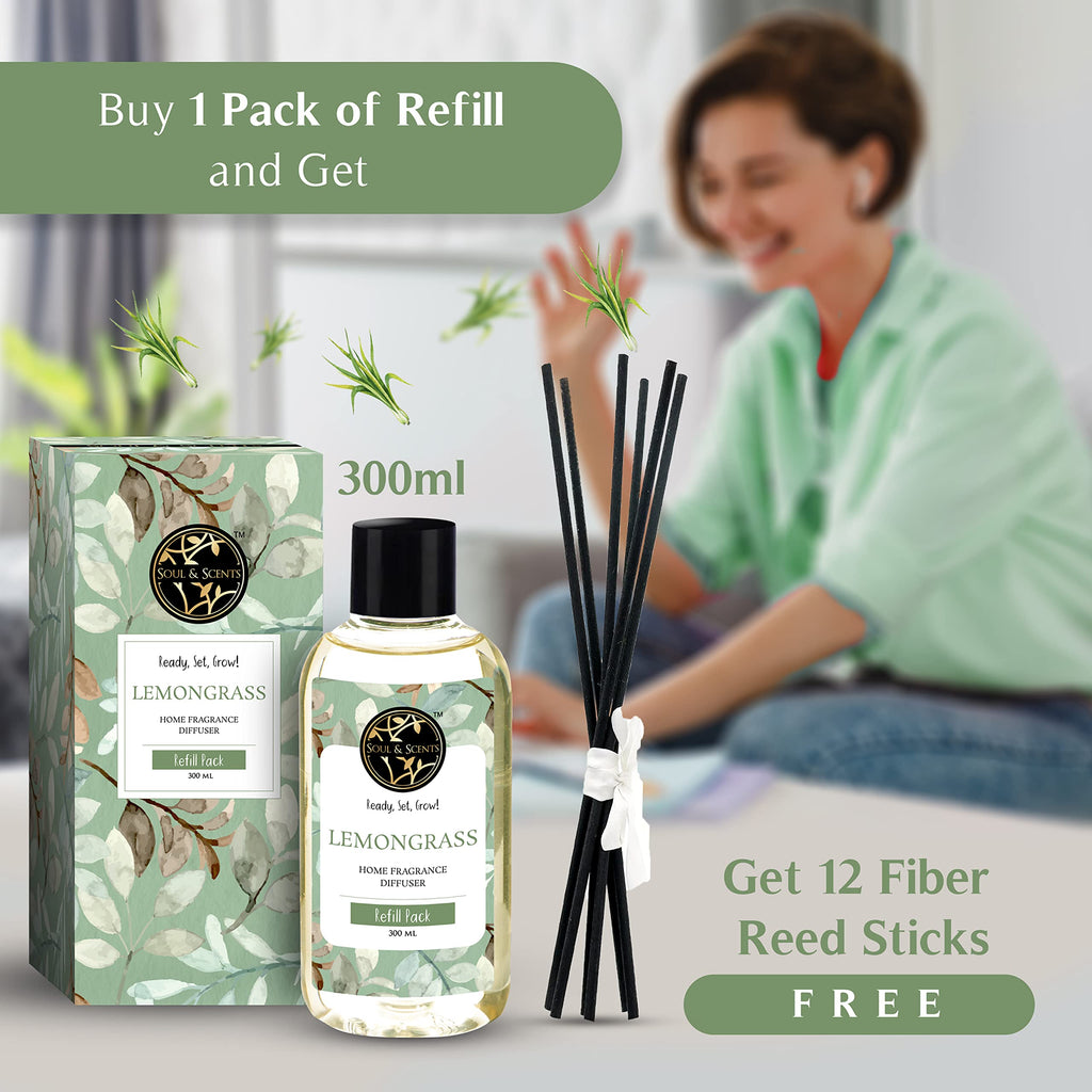 Soul & Scents Plastic Reed Diffuser Refill for Lemongrass Fragrance | Free 12 Fiber Reed Sticks | Long Lasting | Smoke Less Room Freshener for Home, Bedroom, Living Room & Office | 300ml